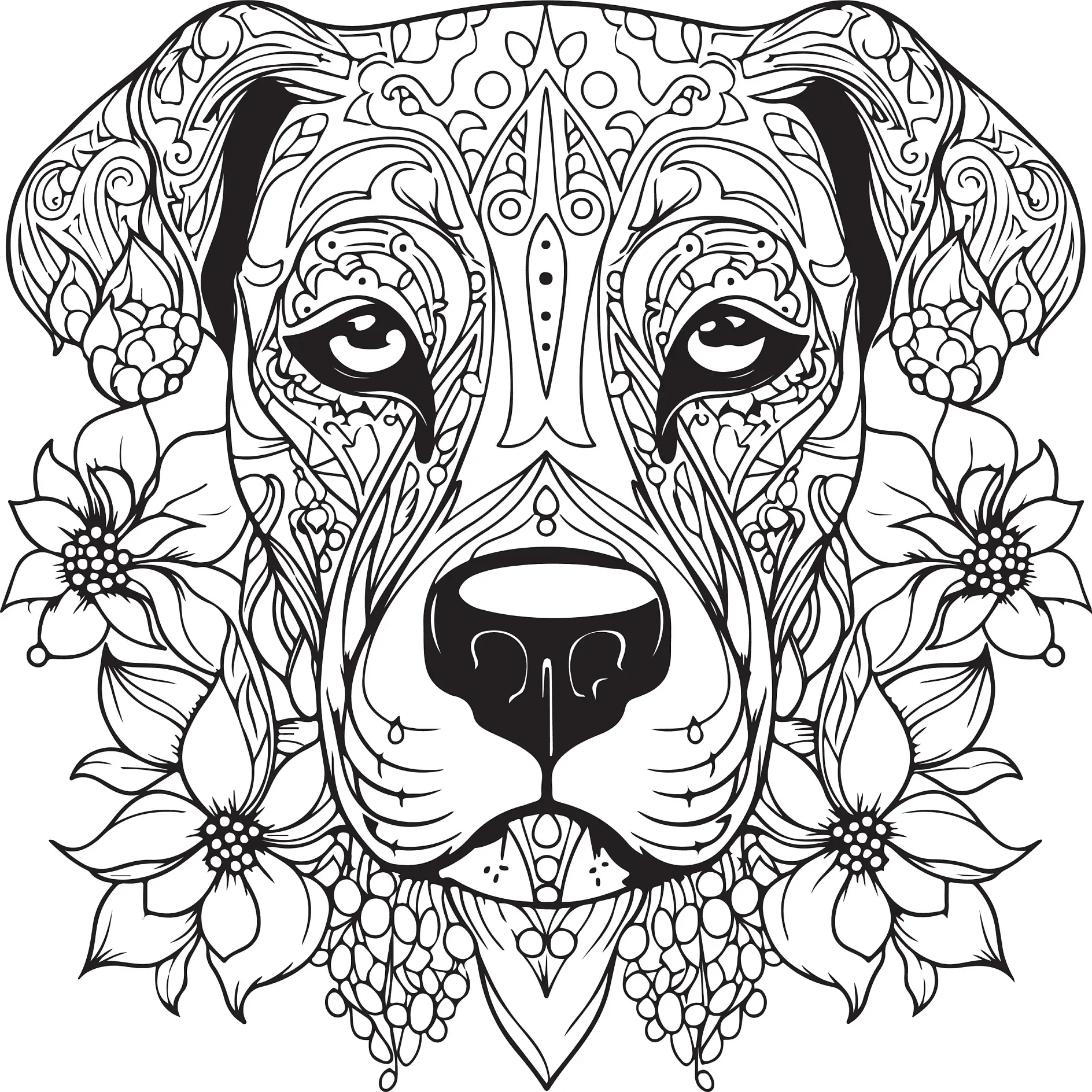 Ausmalbild Mandala mit Hund und Blumenmotiven und detaillierten Mustern