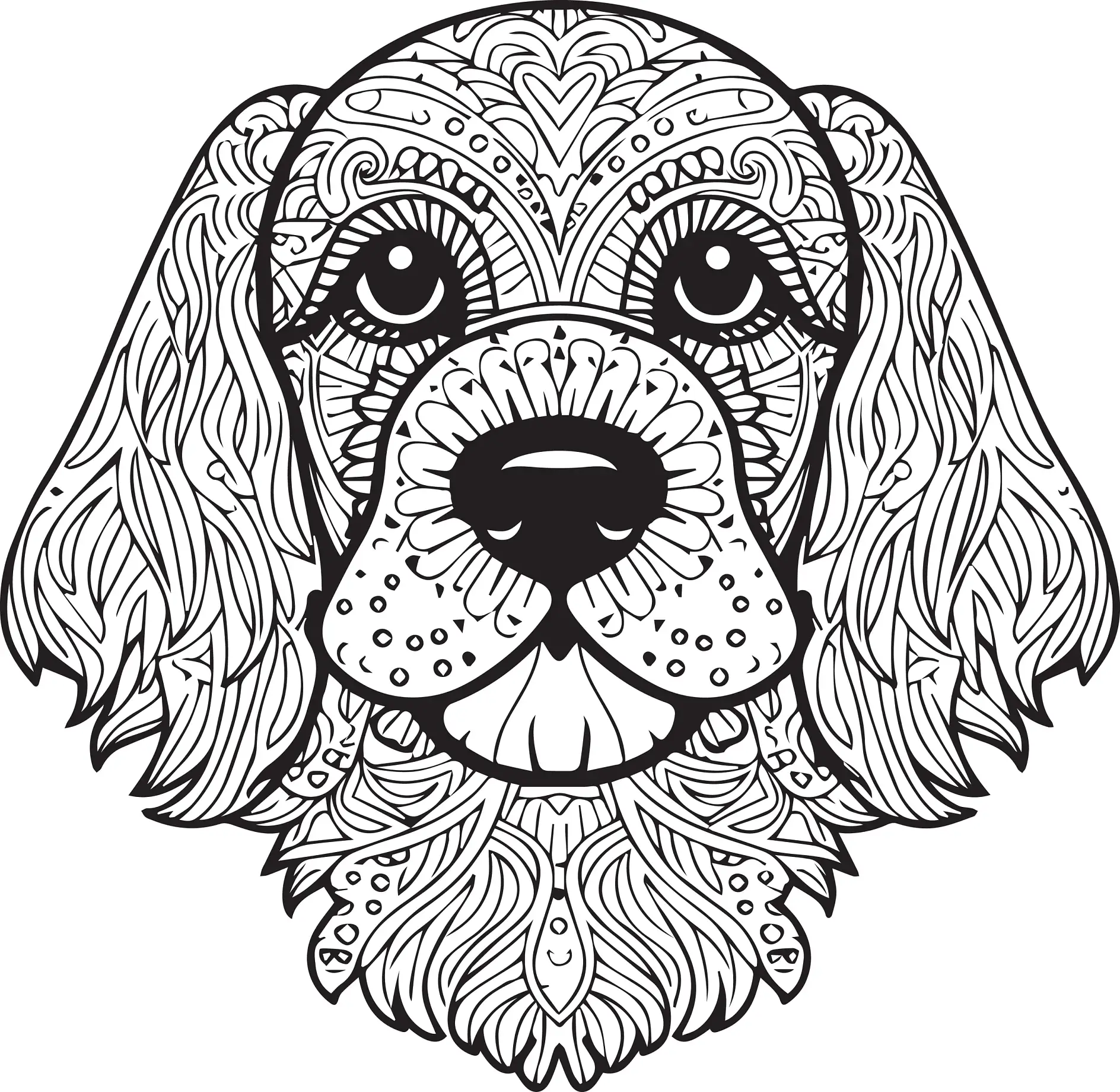 Ausmalbild Mandala mit Hund und dekorativen Mustern und Linien
