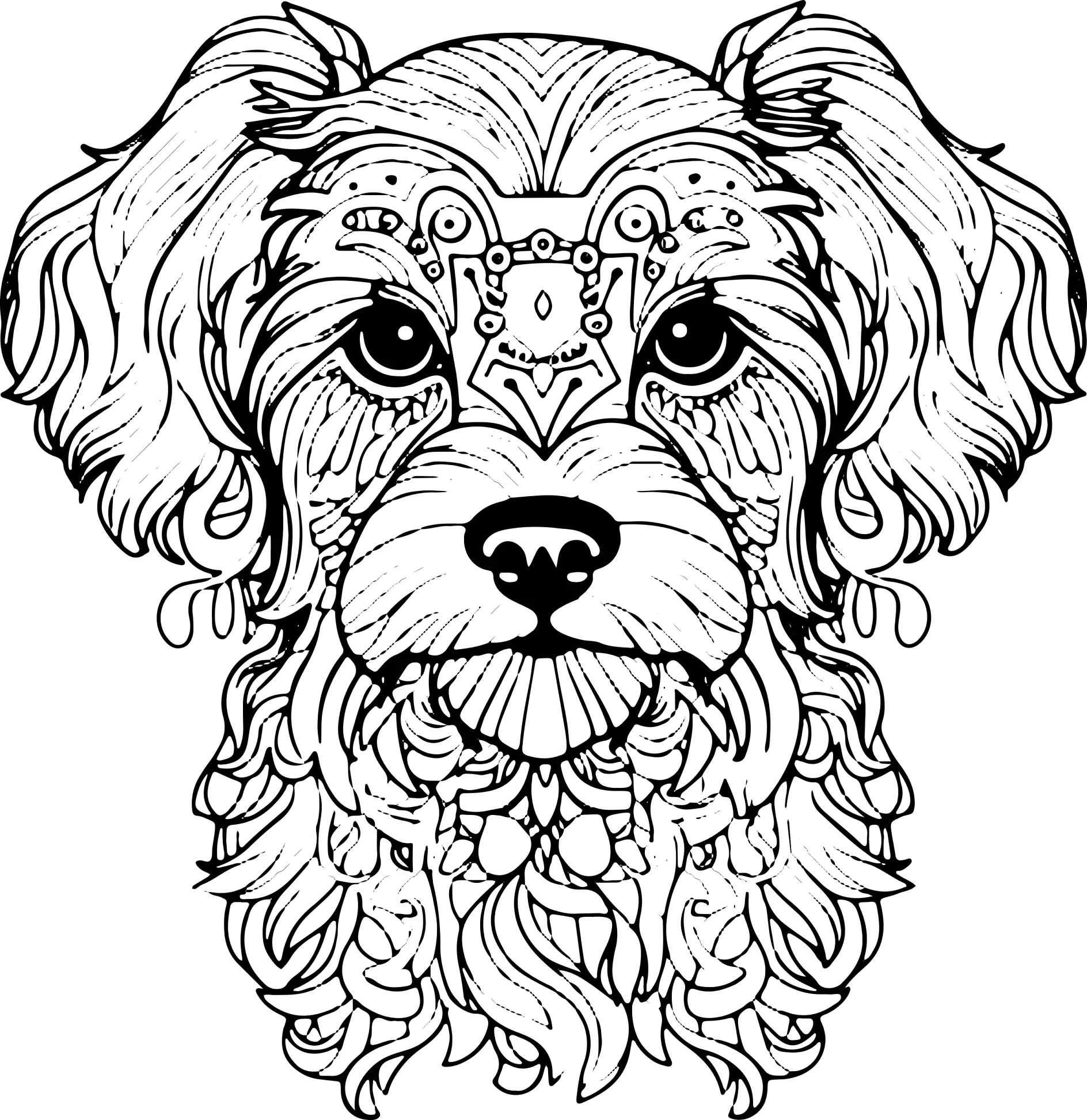 Ausmalbild Mandala mit Hund und detaillierten dekorativen Mustern und Formen