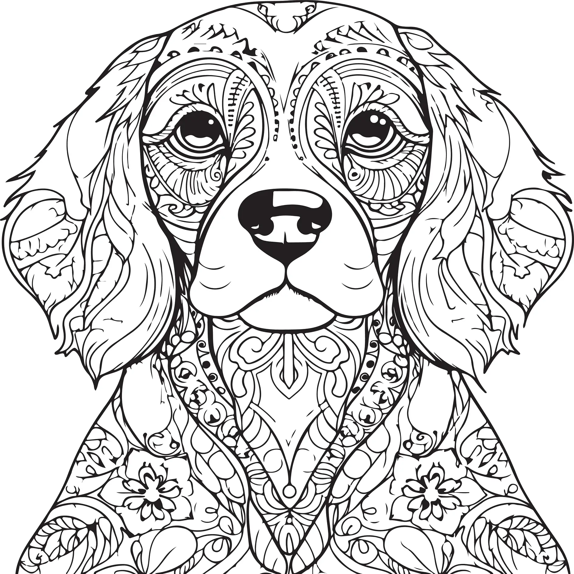 Ausmalbild Mandala mit Hund und detaillierten Mustern und Blumen