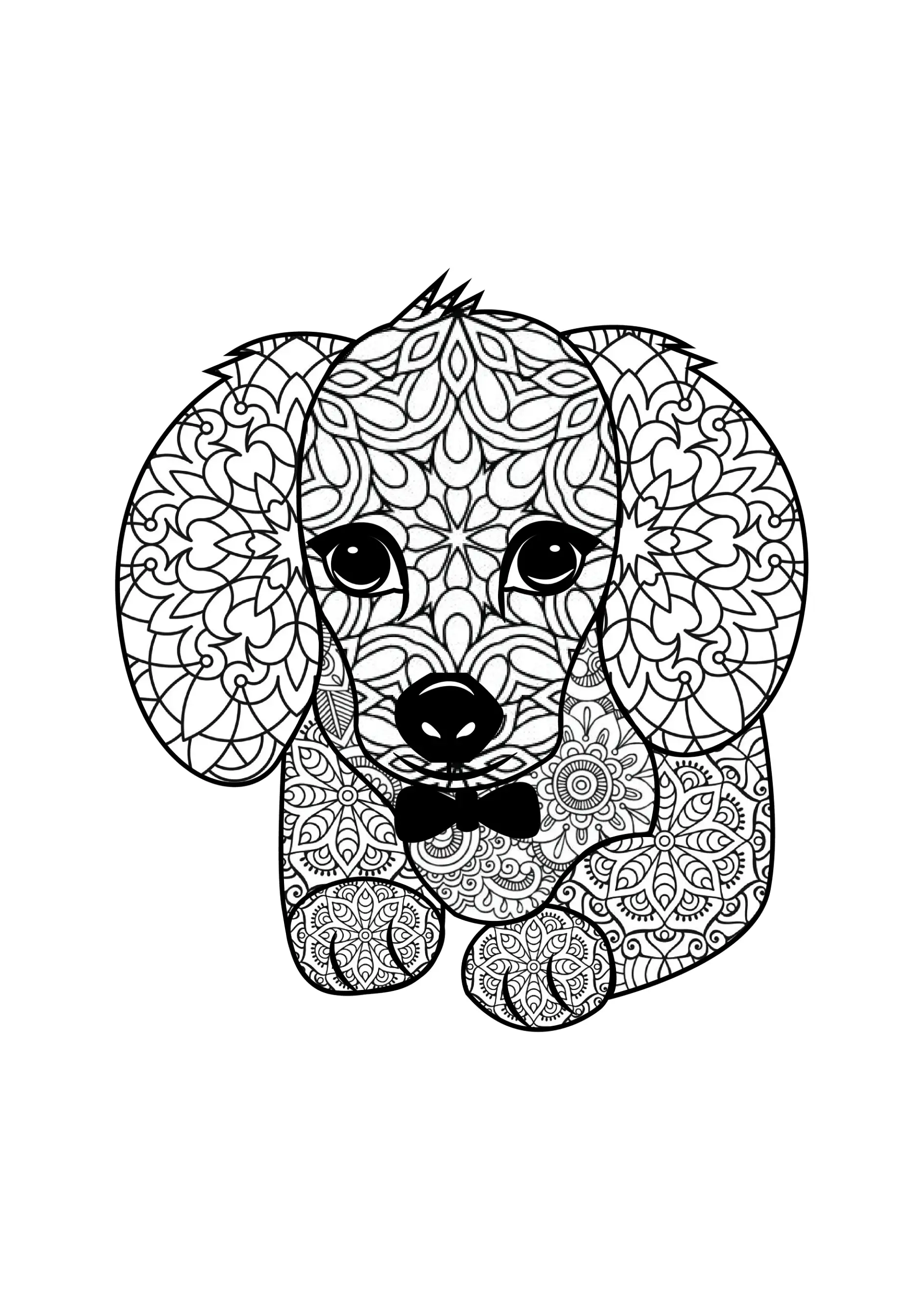 Ausmalbild Mandala mit Hund und detaillierten Mustern