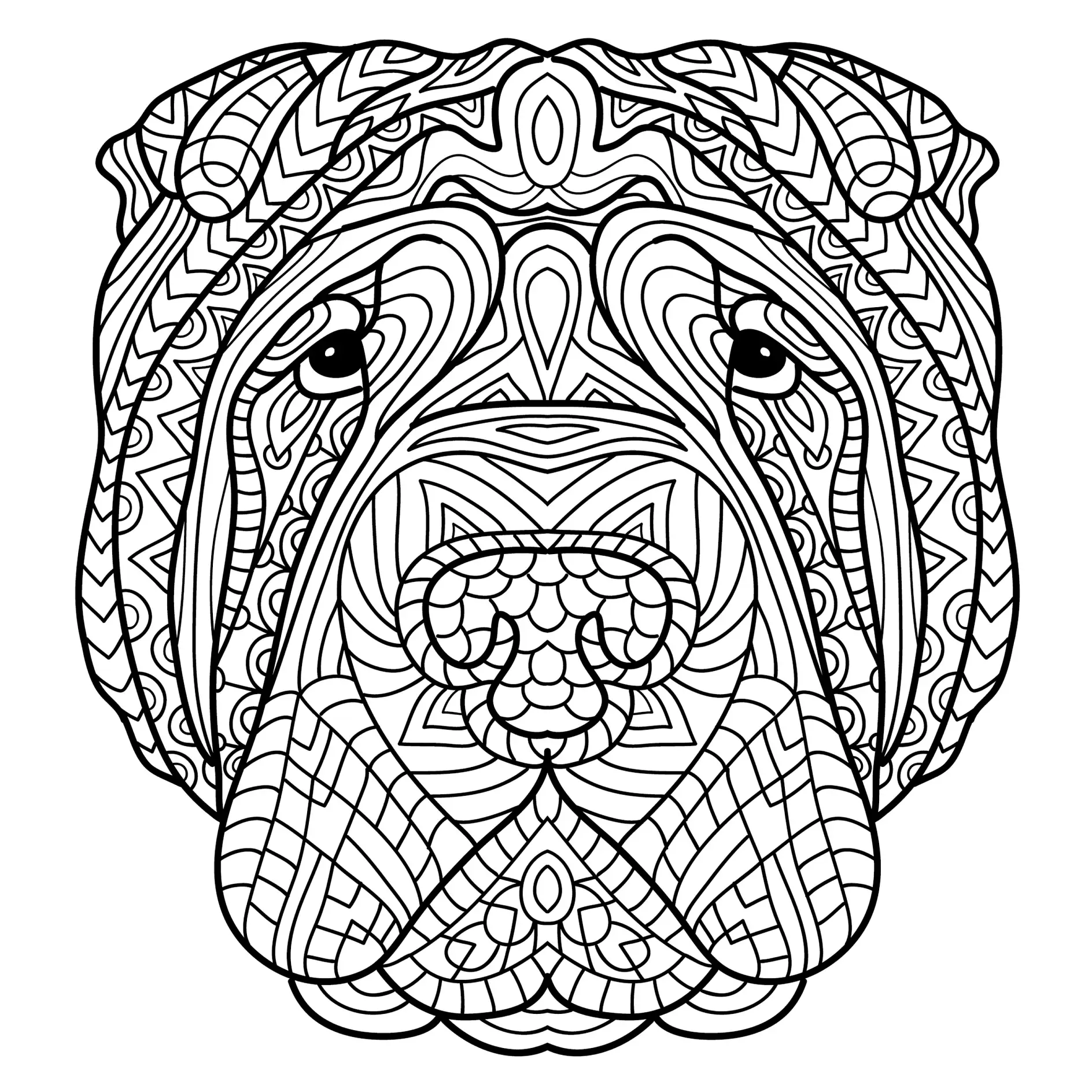 Ausmalbild Mandala mit Hund und detaillierten symmetrischen Mustern und Linien