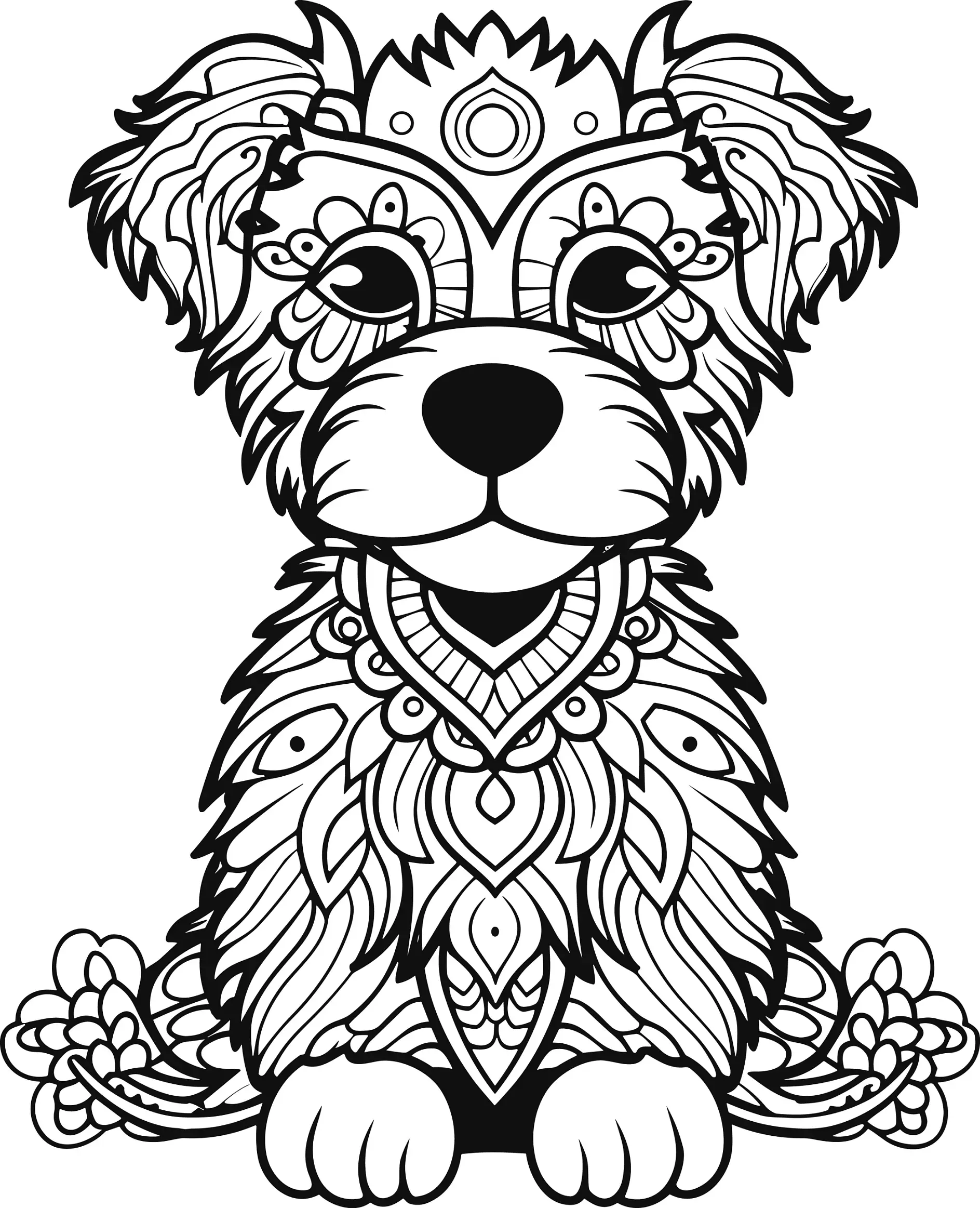 Ausmalbild Mandala mit Hund und detailreichen und dekorativen Mustern