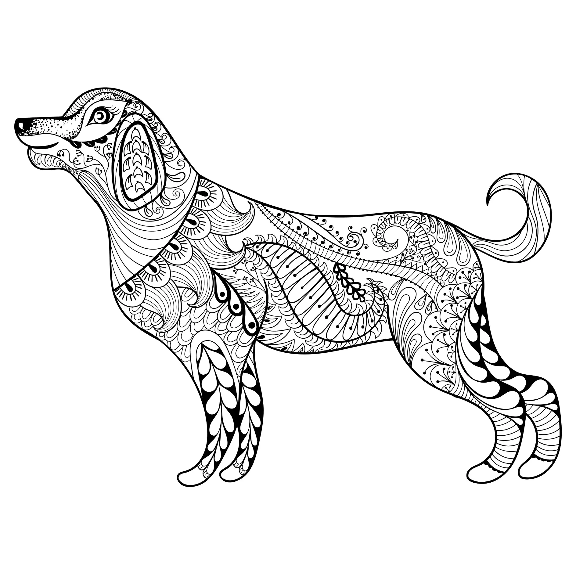Ausmalbild Mandala mit Hund und filigranen floralen Mustern