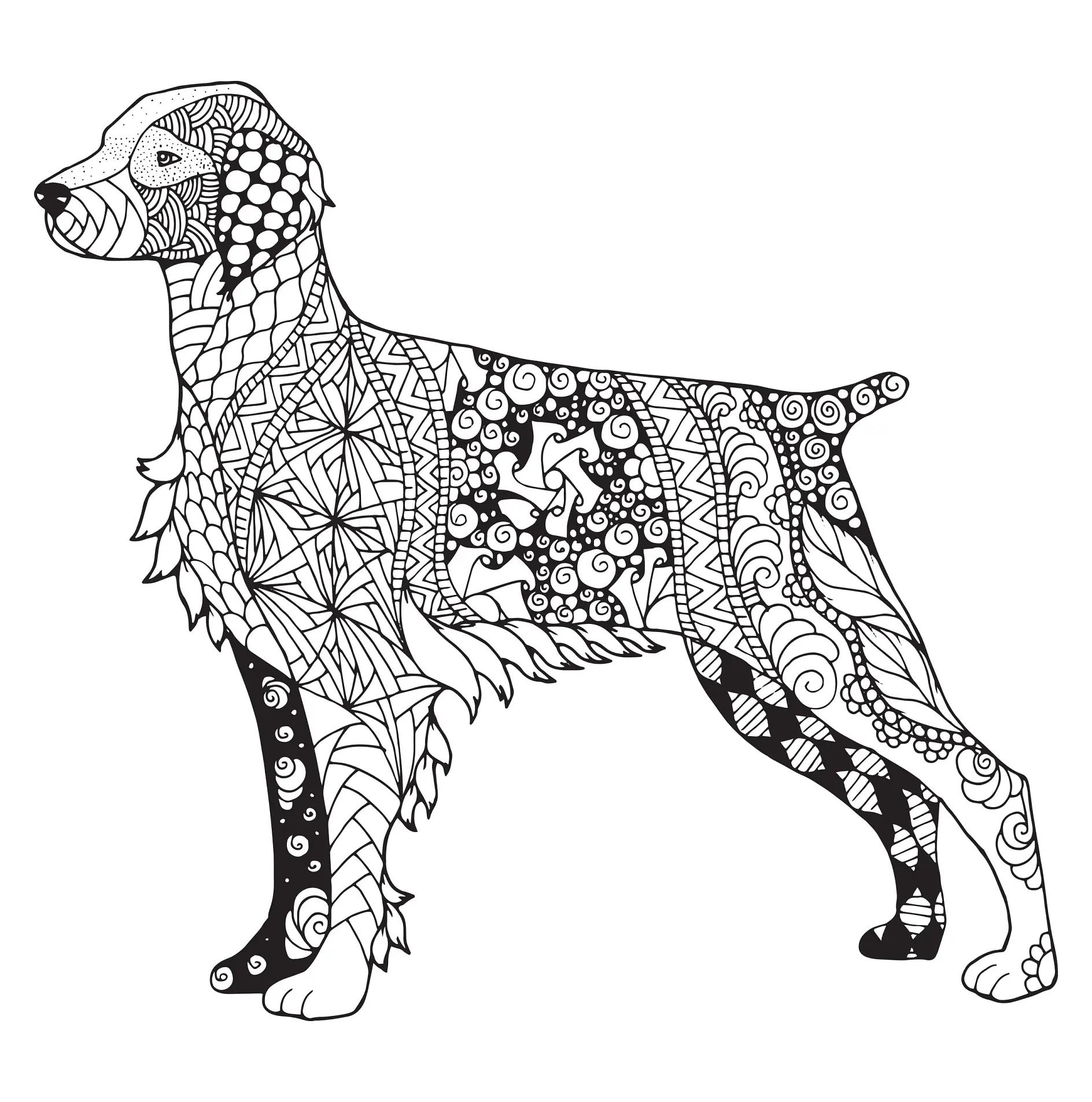 Ausmalbild Mandala mit Hund und komplexen geometrischen Mustern