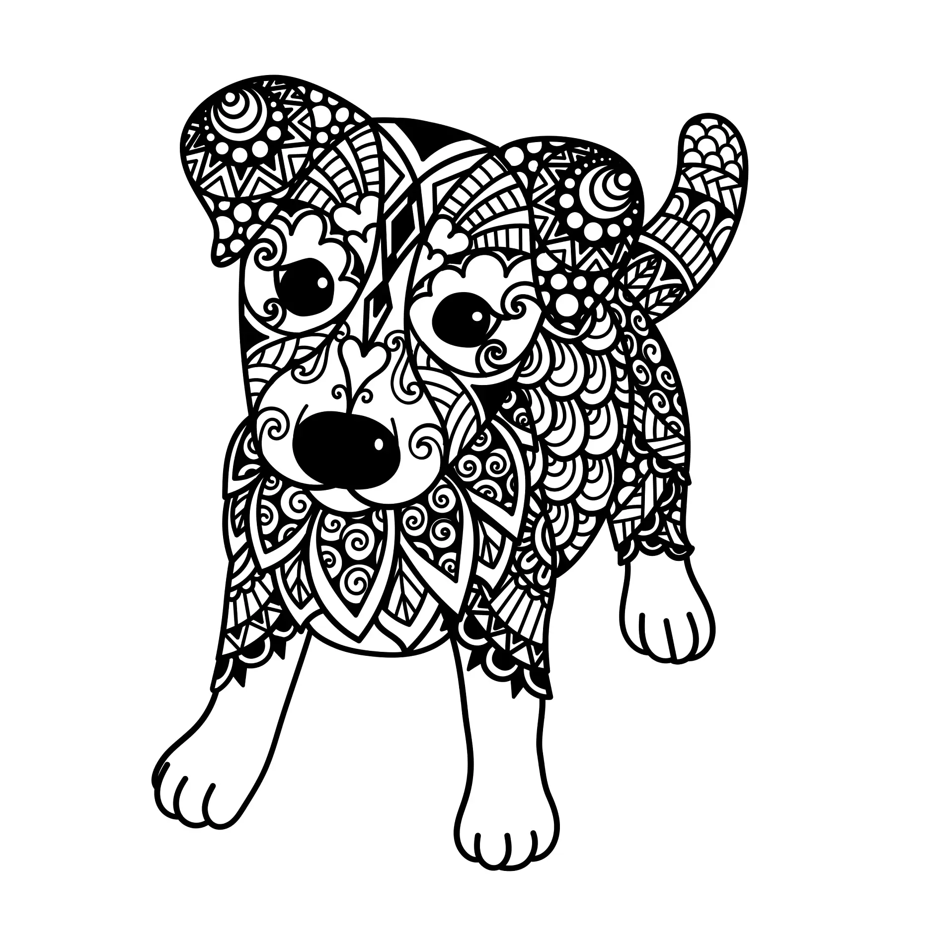 Ausmalbild Mandala mit Hund und komplexen Mustern und Details