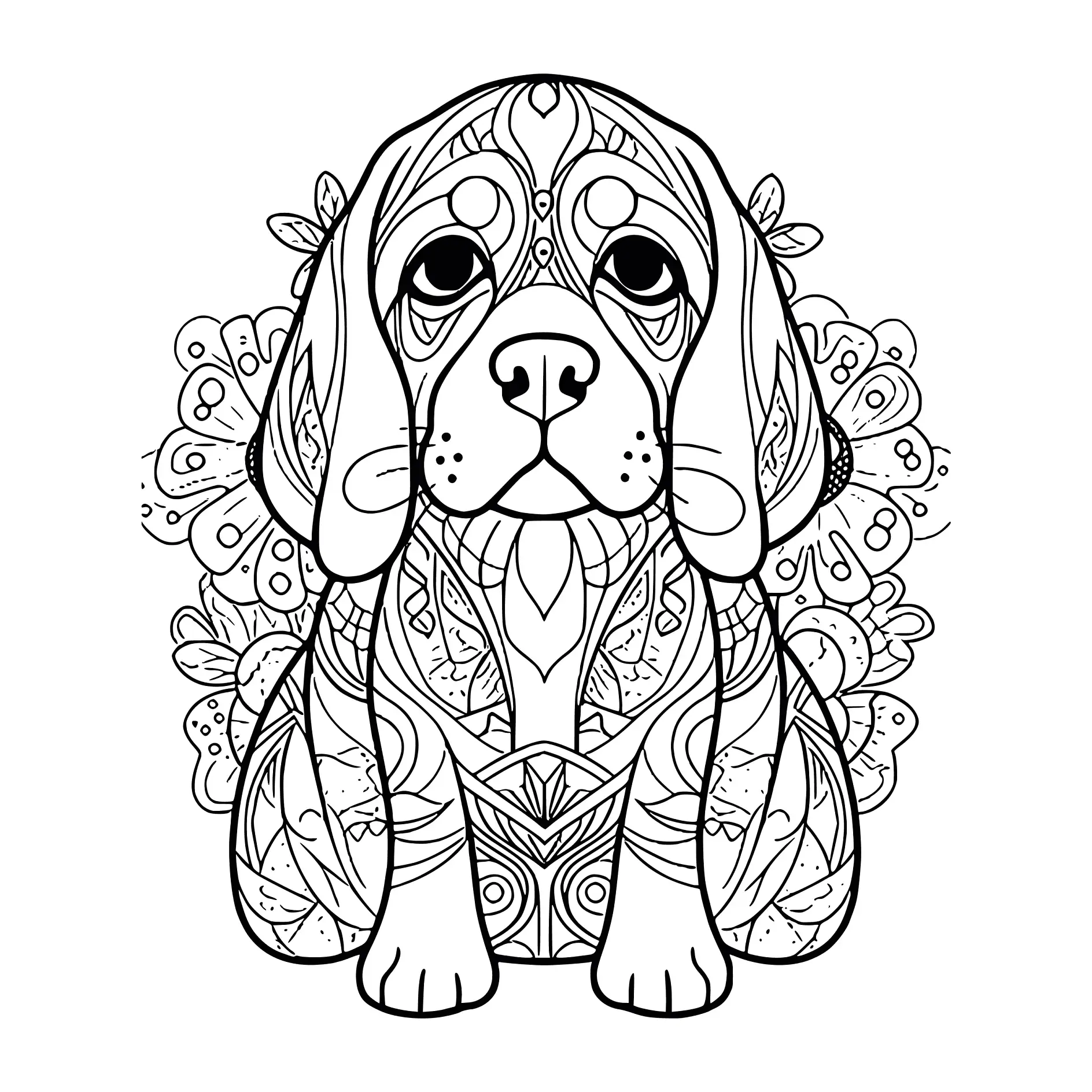 Ausmalbild Mandala mit Hund und komplexen Mustern
