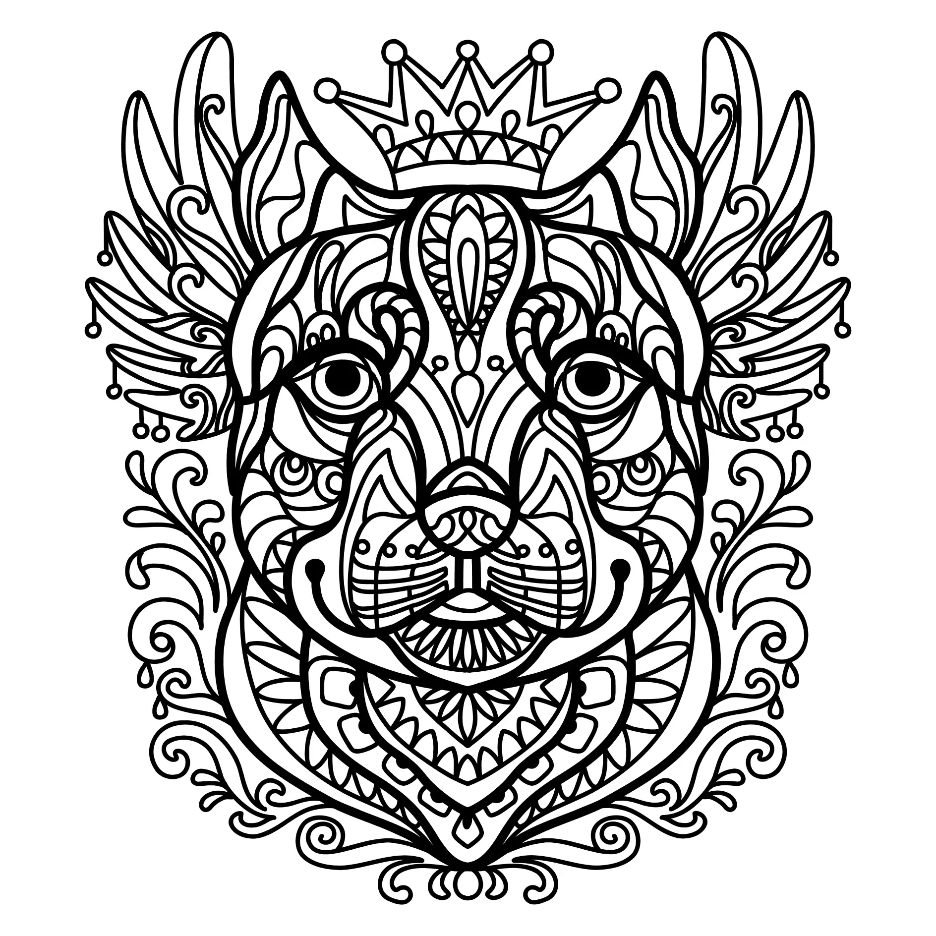 Ausmalbild Mandala mit Hund und Krone und floralen Mustern