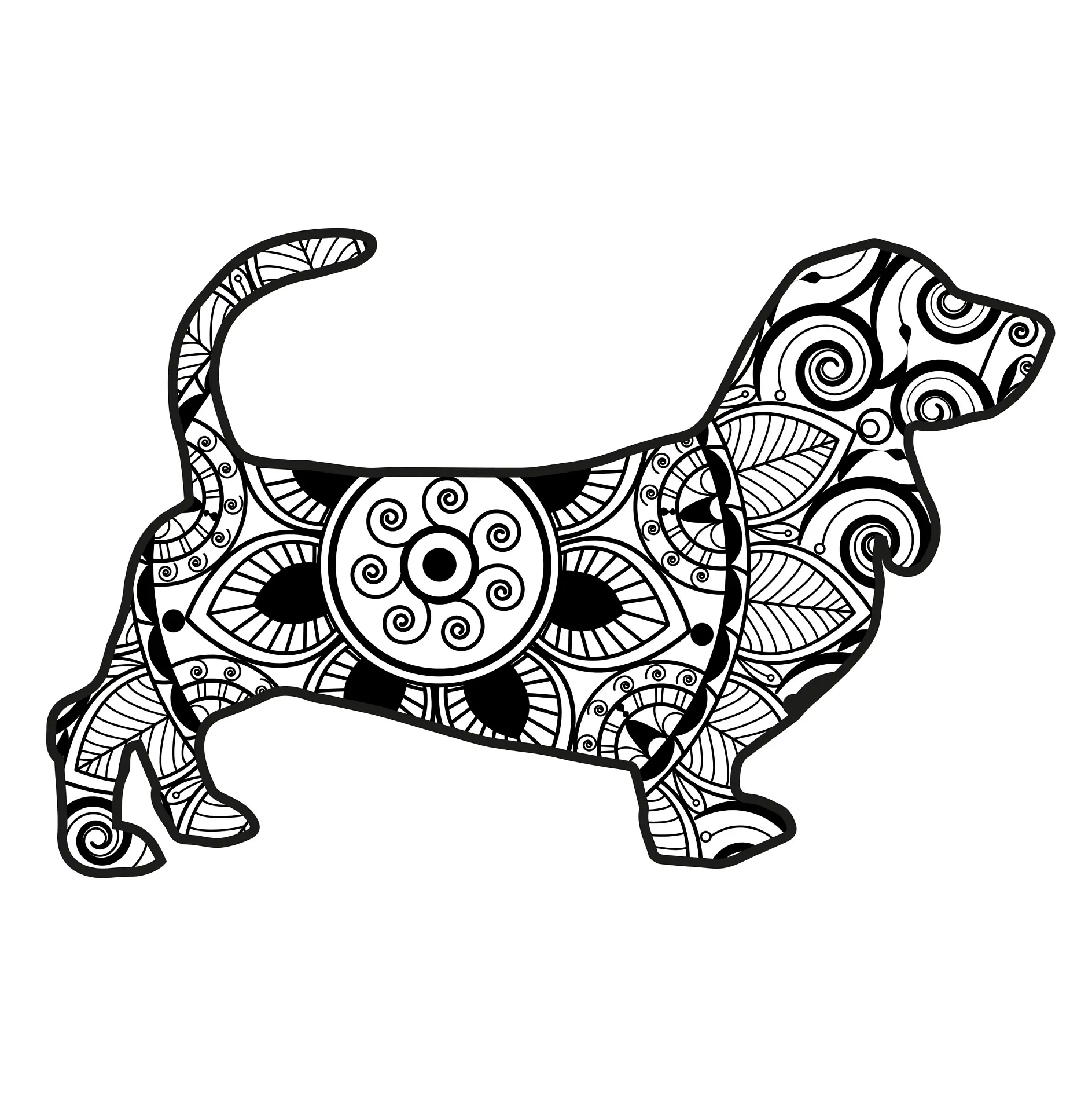 Ausmalbild Mandala mit Hund und spiralförmigen und floralen Mustern