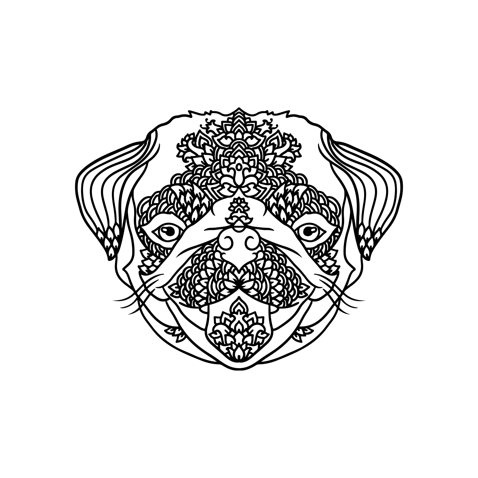 Ausmalbild Mandala mit Hund und symmetrischen dekorativen Mustern
