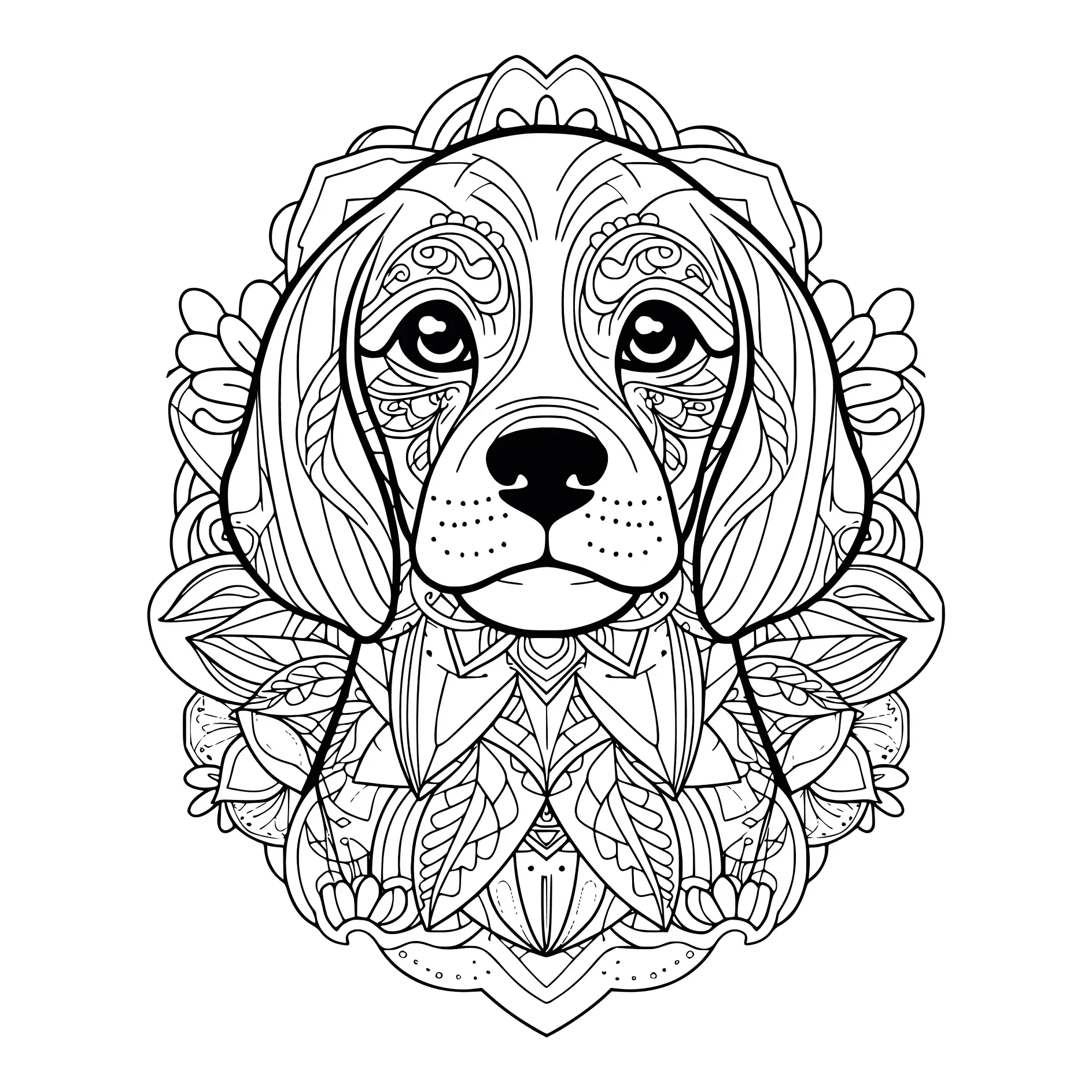 Ausmalbild Mandala mit Hund und symmetrischen Mustern und Blättern