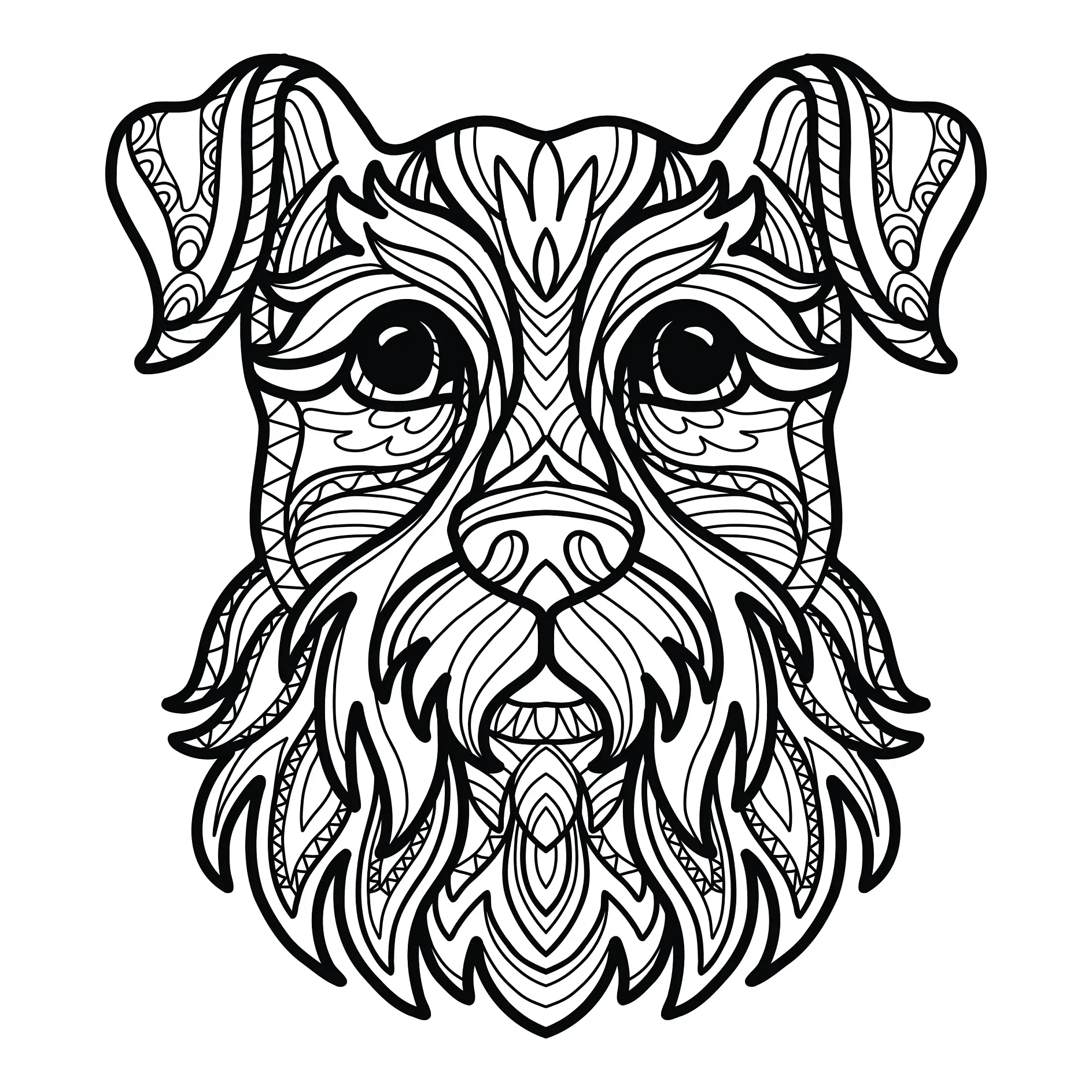 Ausmalbild Mandala mit Hund und verschnörkelten Mustern und Linien