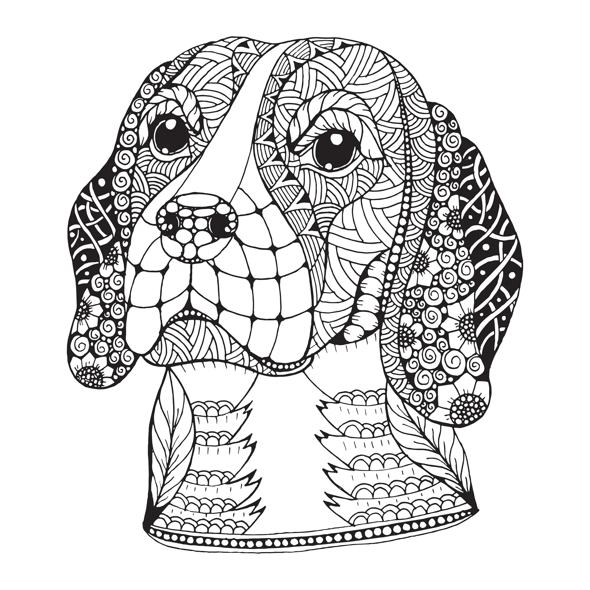 Ausmalbild Mandala mit Hund und verspielten Mustern und Linien