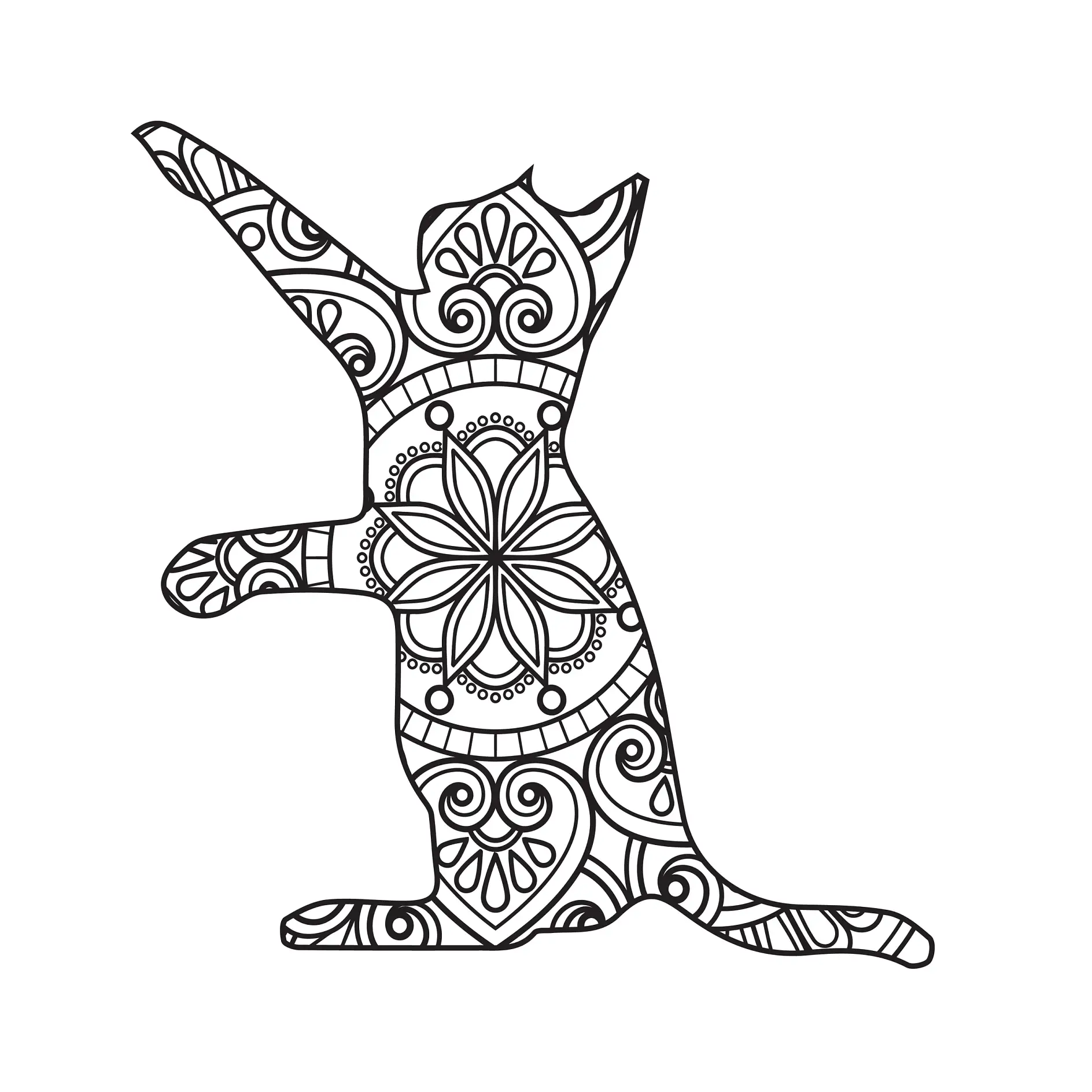 Ausmalbild Mandala mit Katze und abstrakten Mustern