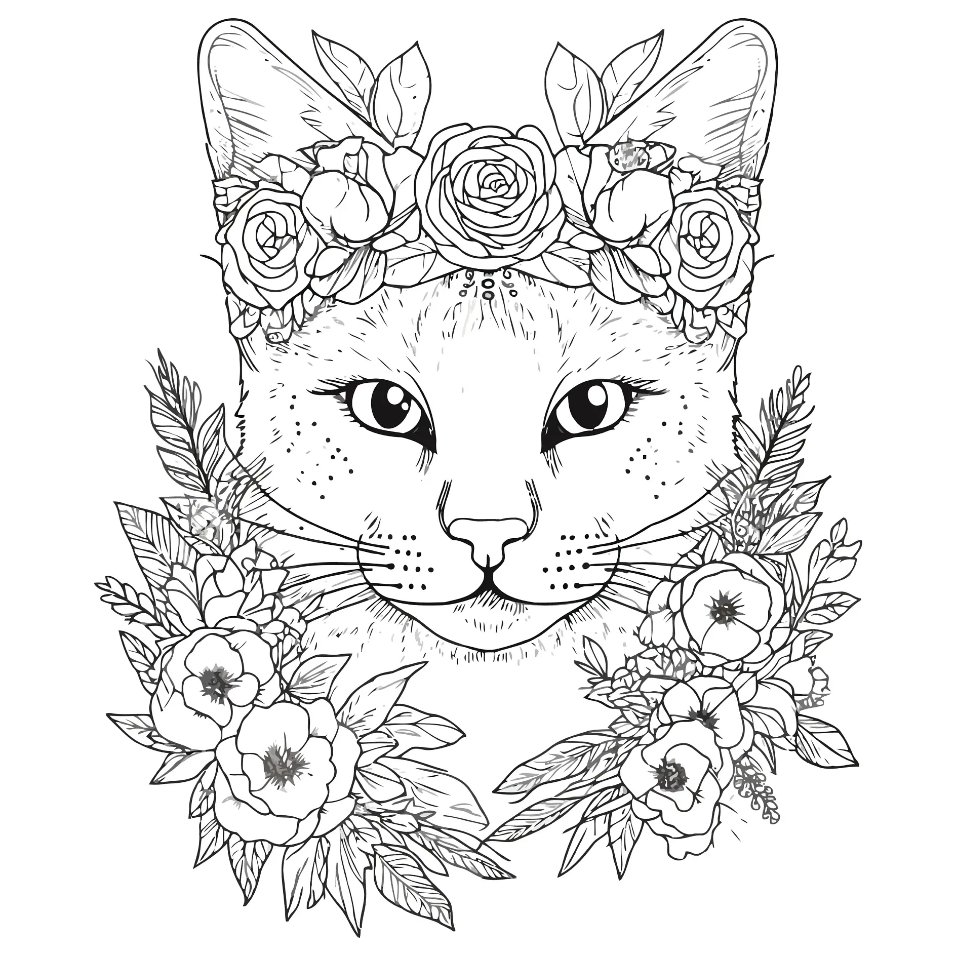 Ausmalbild Mandala mit Katze und Blumenkranz