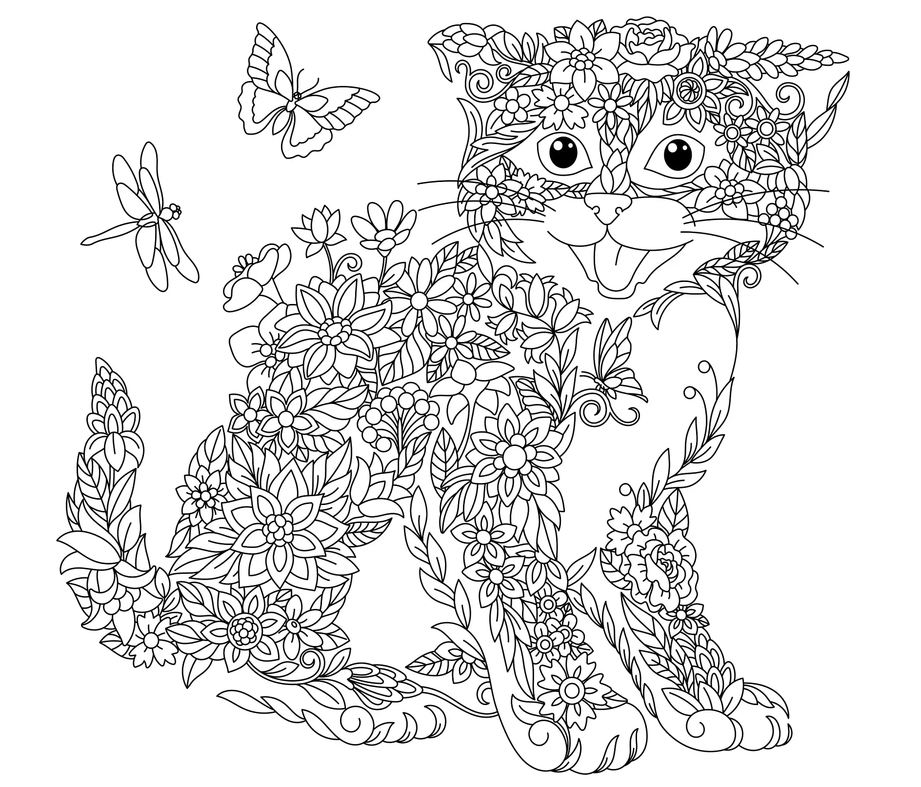 Ausmalbild Mandala mit Katze und blumigen Mustern und Schmetterlingen