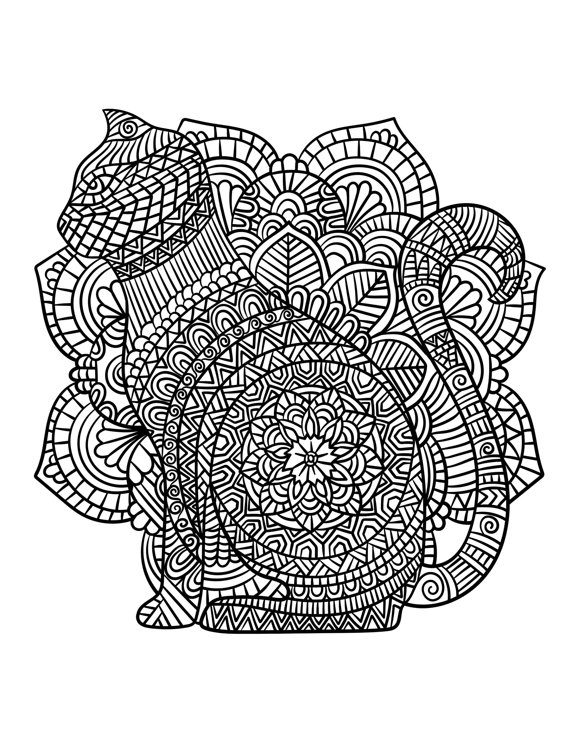 Ausmalbild Mandala mit Katze und detaillierten Mustern