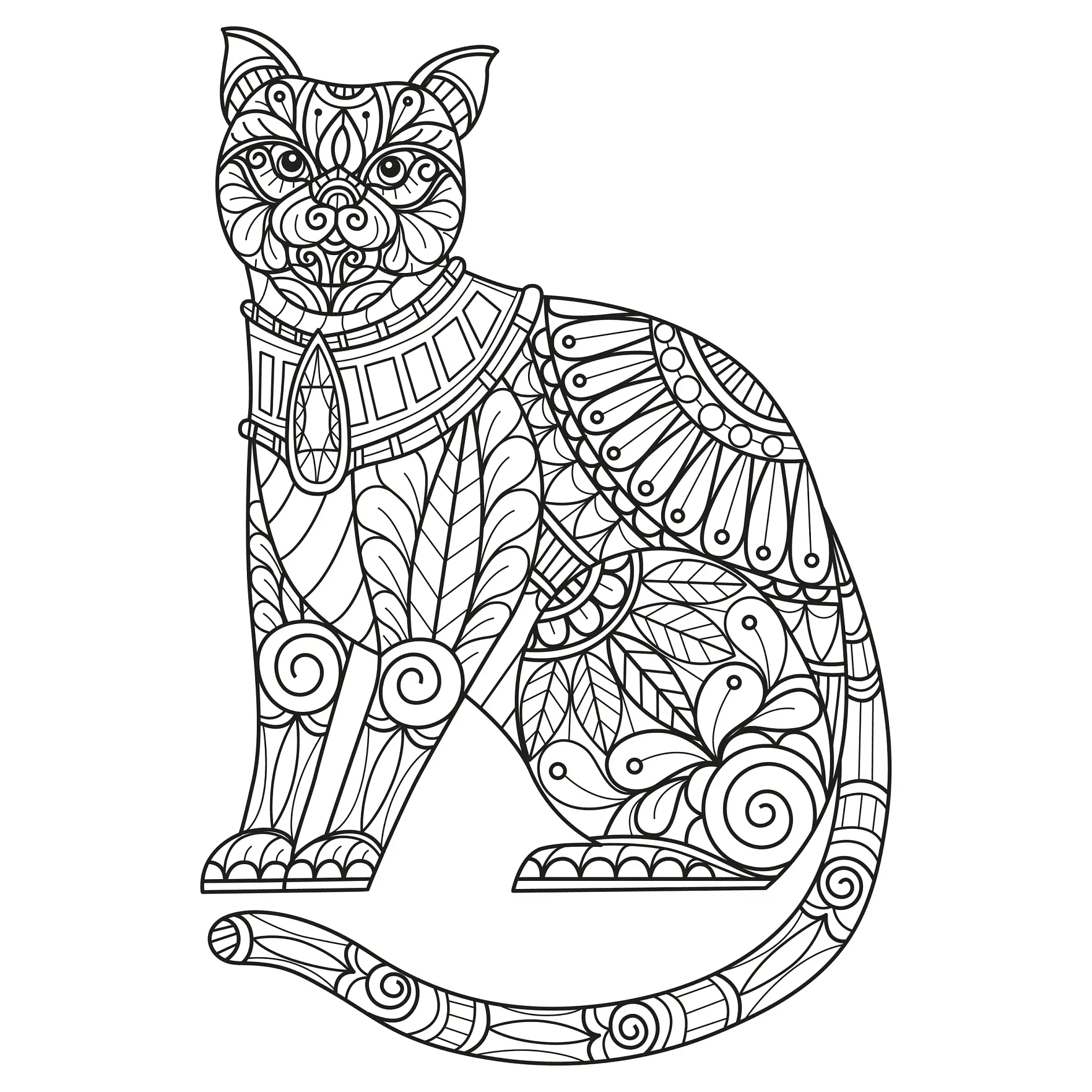 Ausmalbild Mandala mit Katze und detaillierten Ornamenten