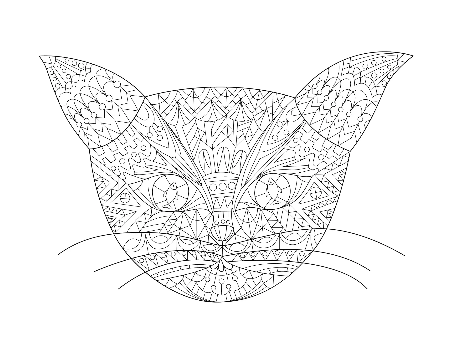 Ausmalbild Mandala mit Katze und feinen geometrischen Mustern