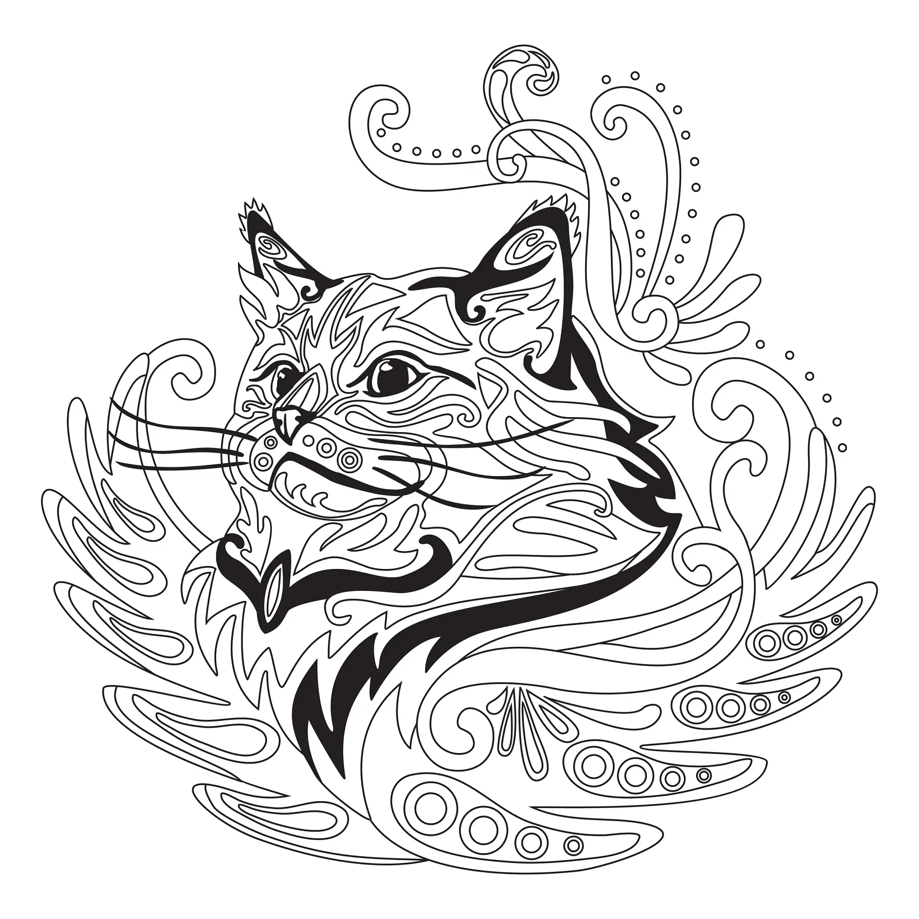 Ausmalbild Mandala mit Katze und geschwungenen Mustern