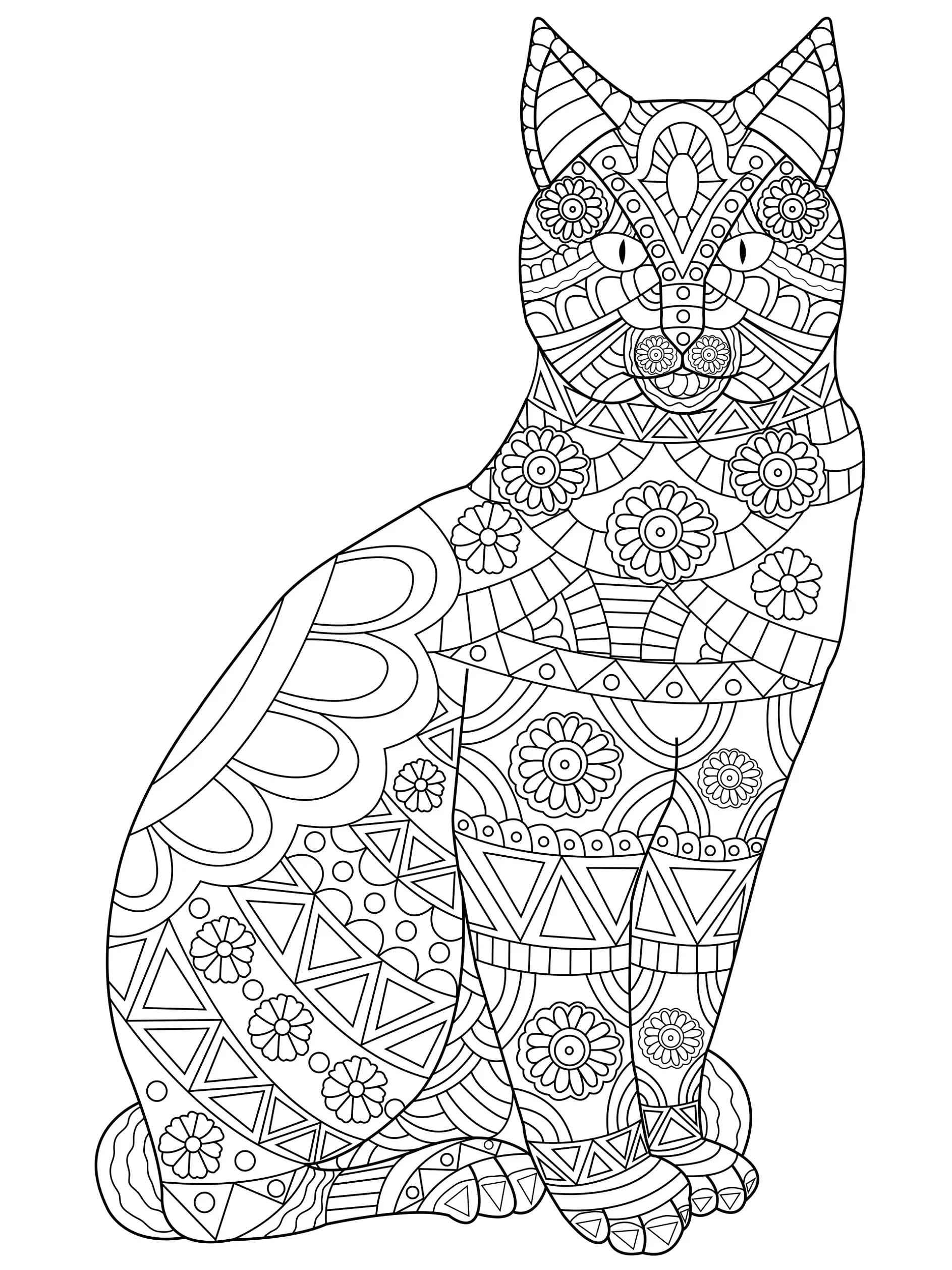 Ausmalbild Mandala mit Katze und komplexen Mustern