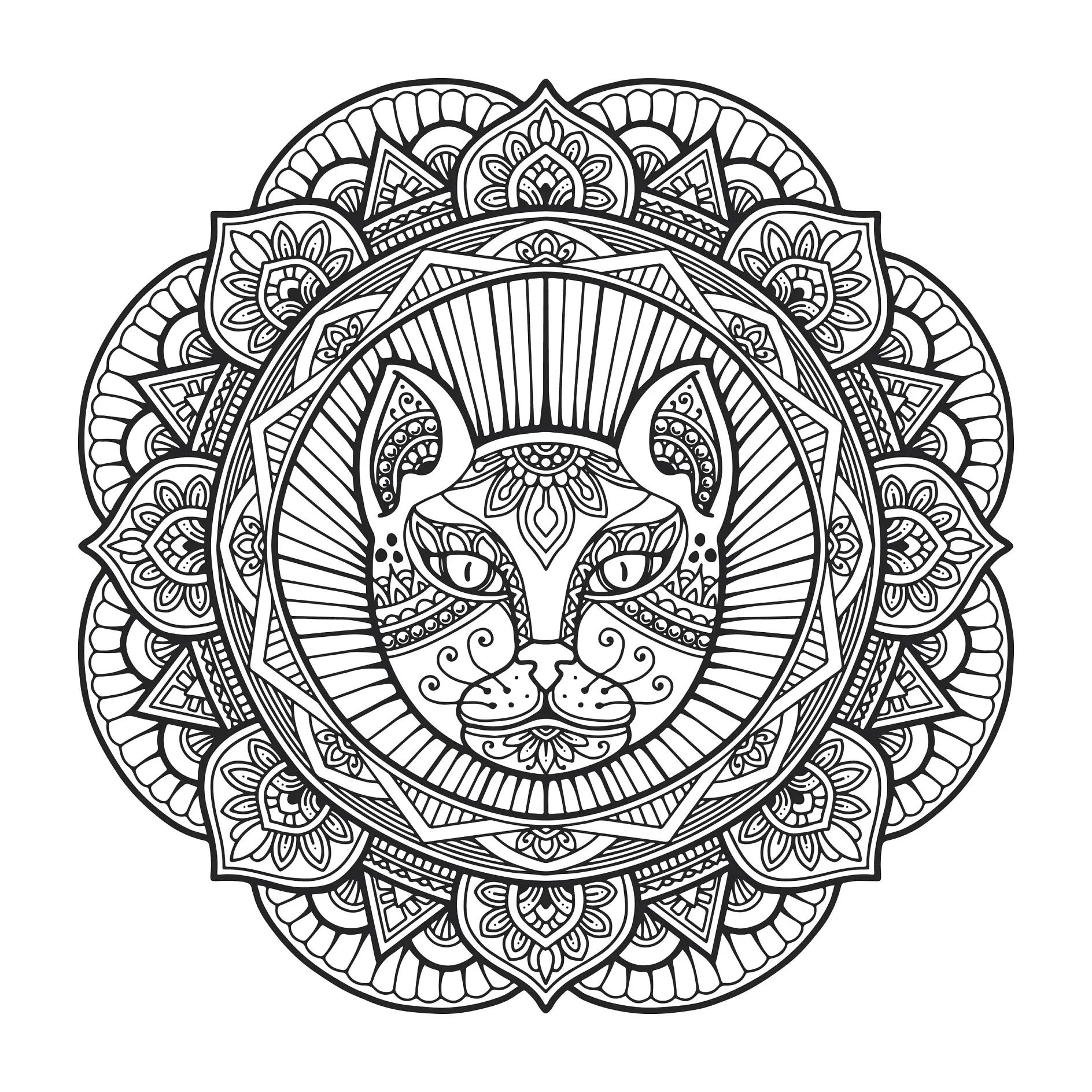 Ausmalbild Mandala mit Katze und symmetrischen Mustern