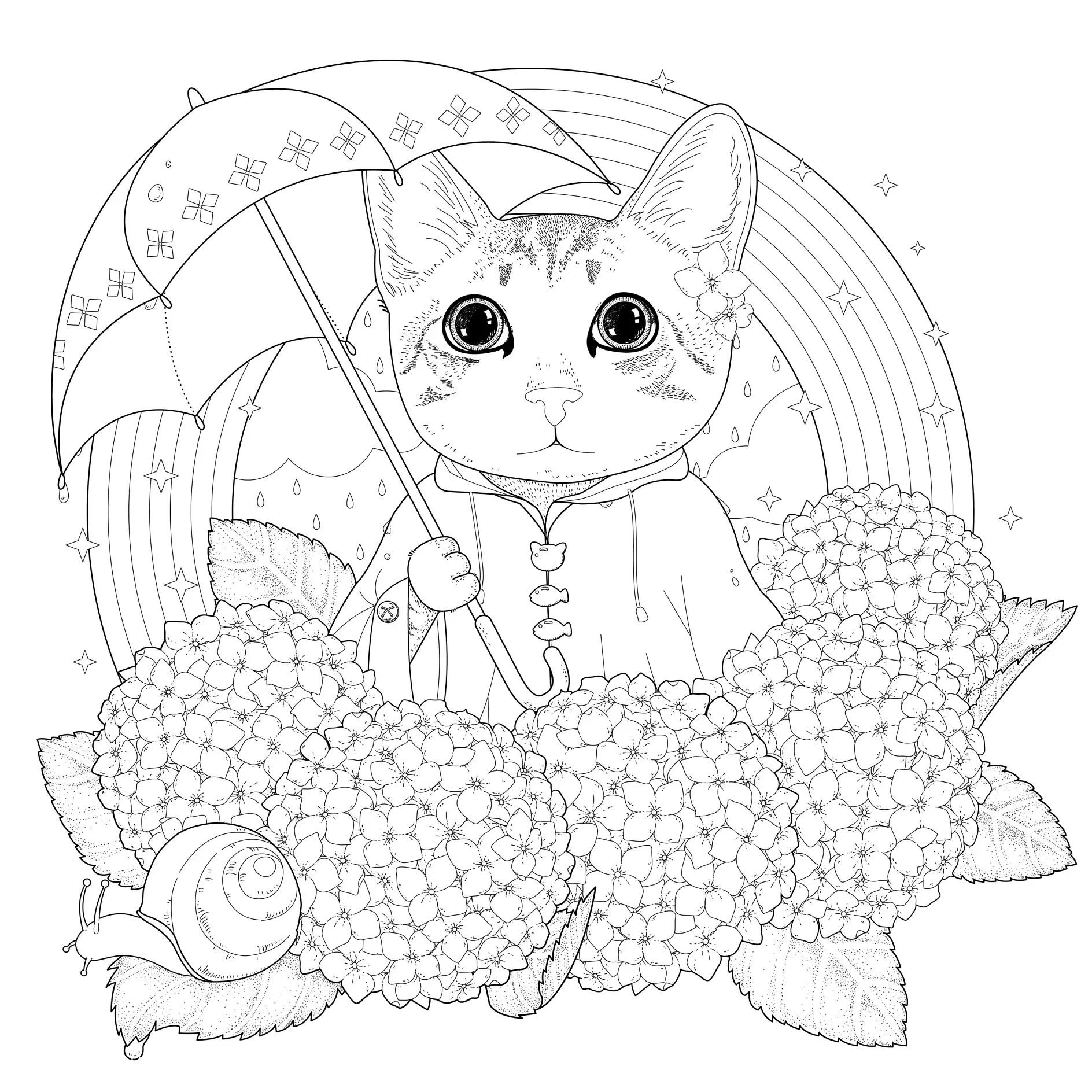Ausmalbild Mandala mit Katze unter Regenschirm mit Blumen