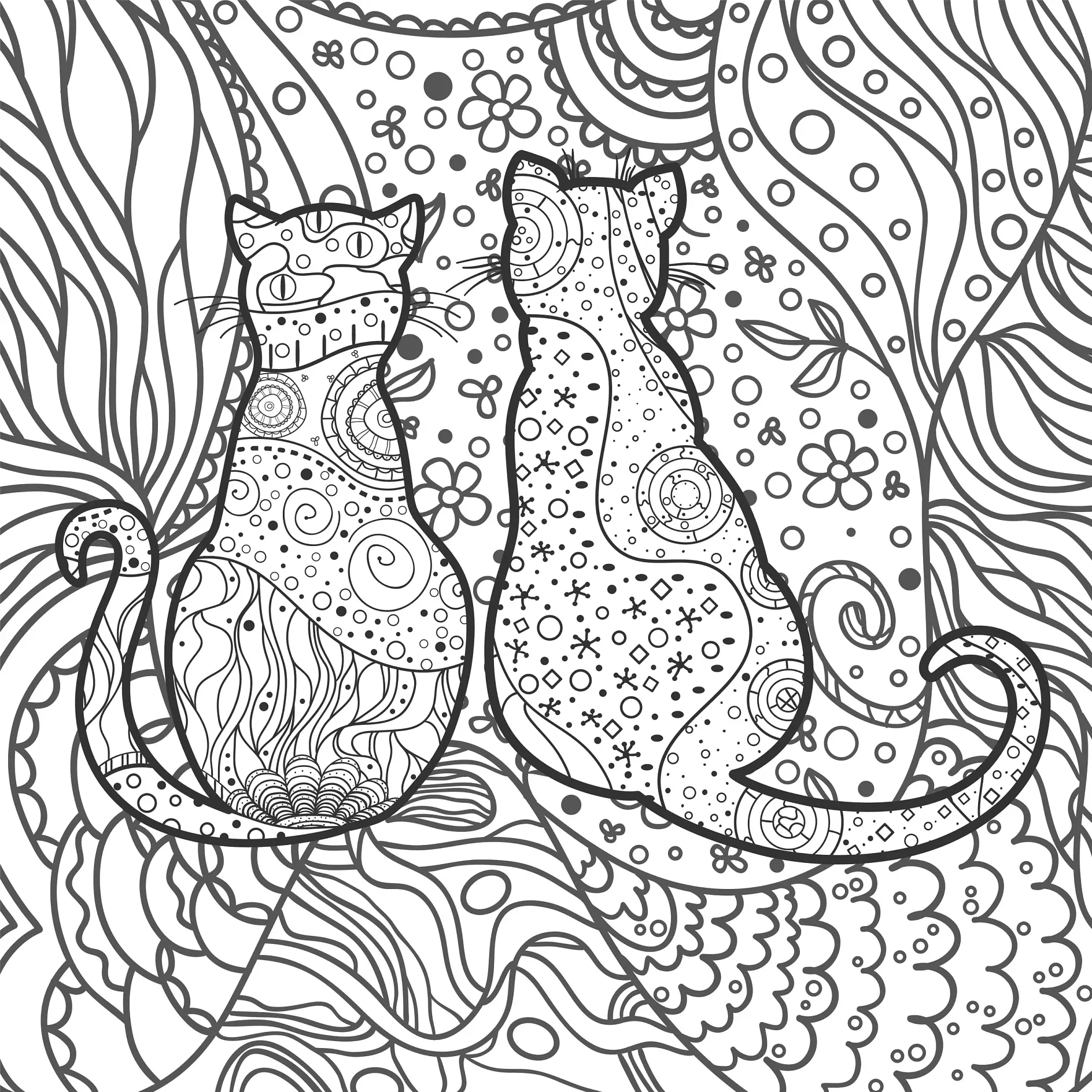Ausmalbild Mandala mit Katzen und Mustern im Hintergrund
