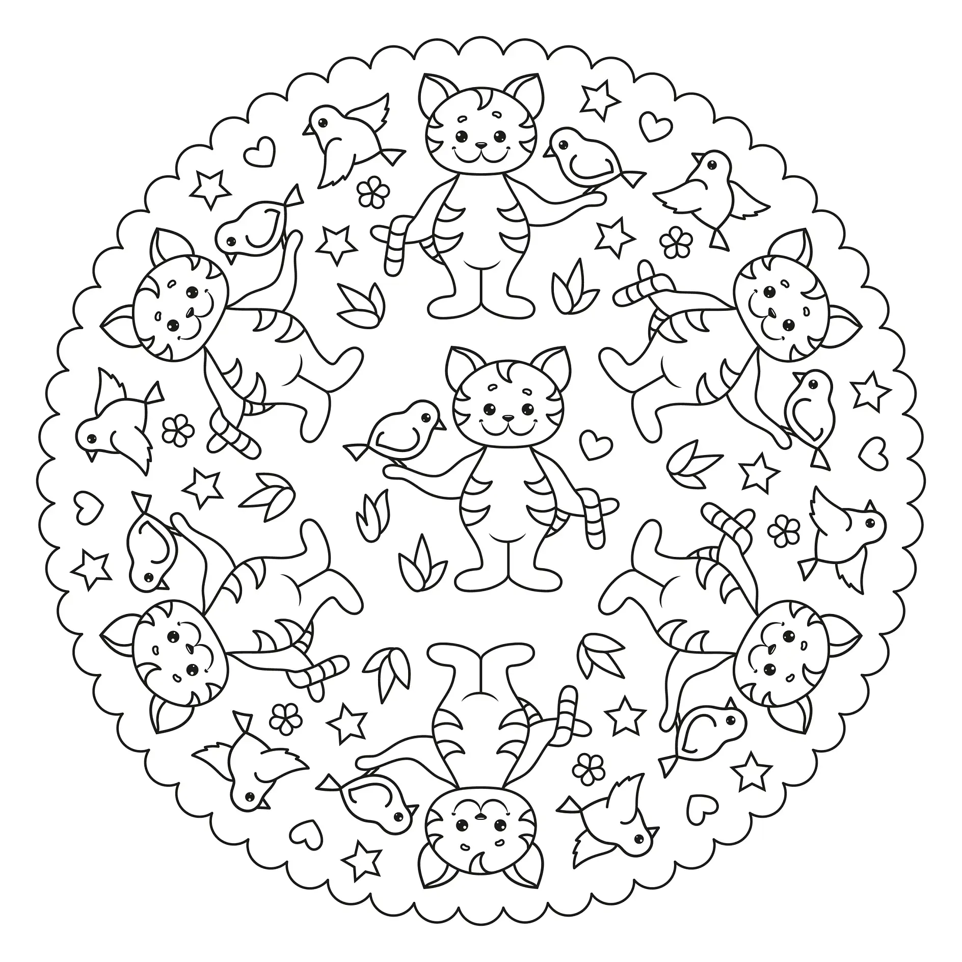 Ausmalbild Mandala mit Katzen und Vögeln