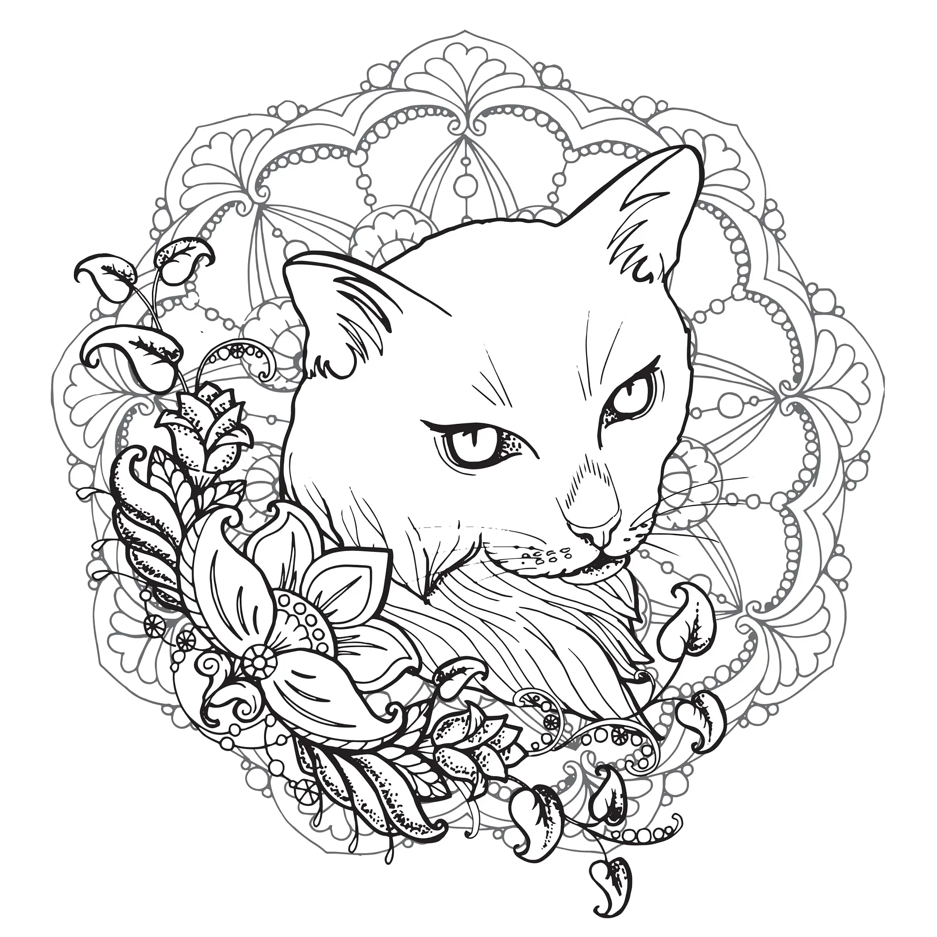 Ausmalbild Mandala mit Katzenkopf und dekorativen Blättern