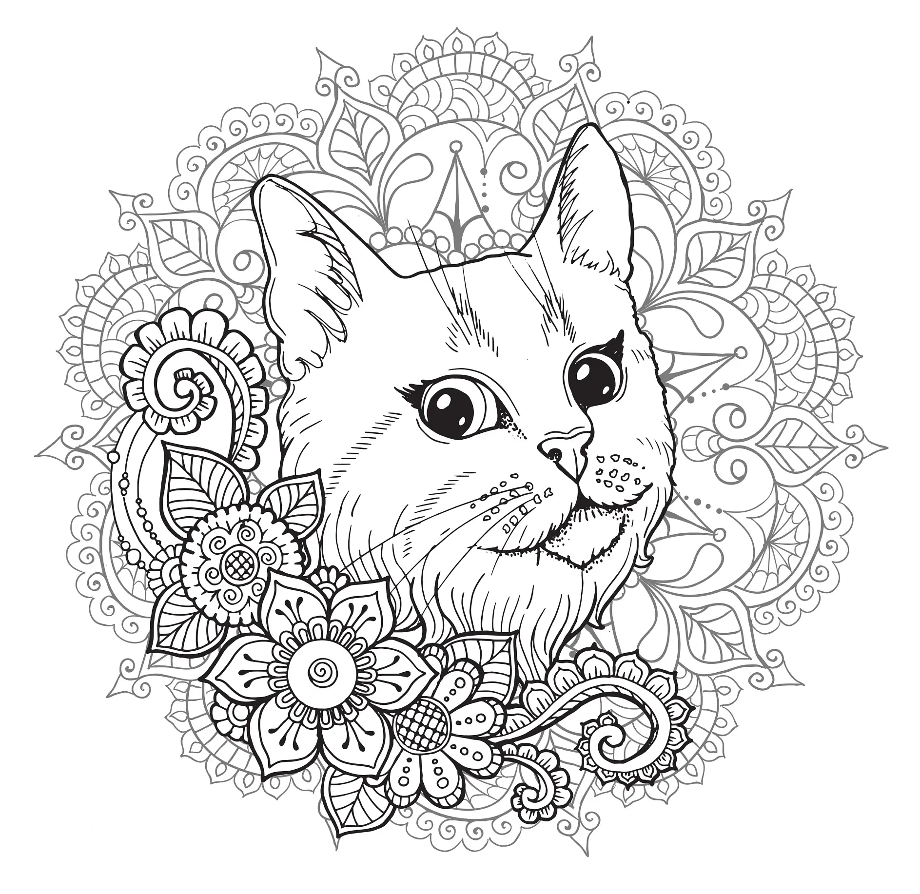 Ausmalbild Mandala mit Katzenkopf und floralen Mustern