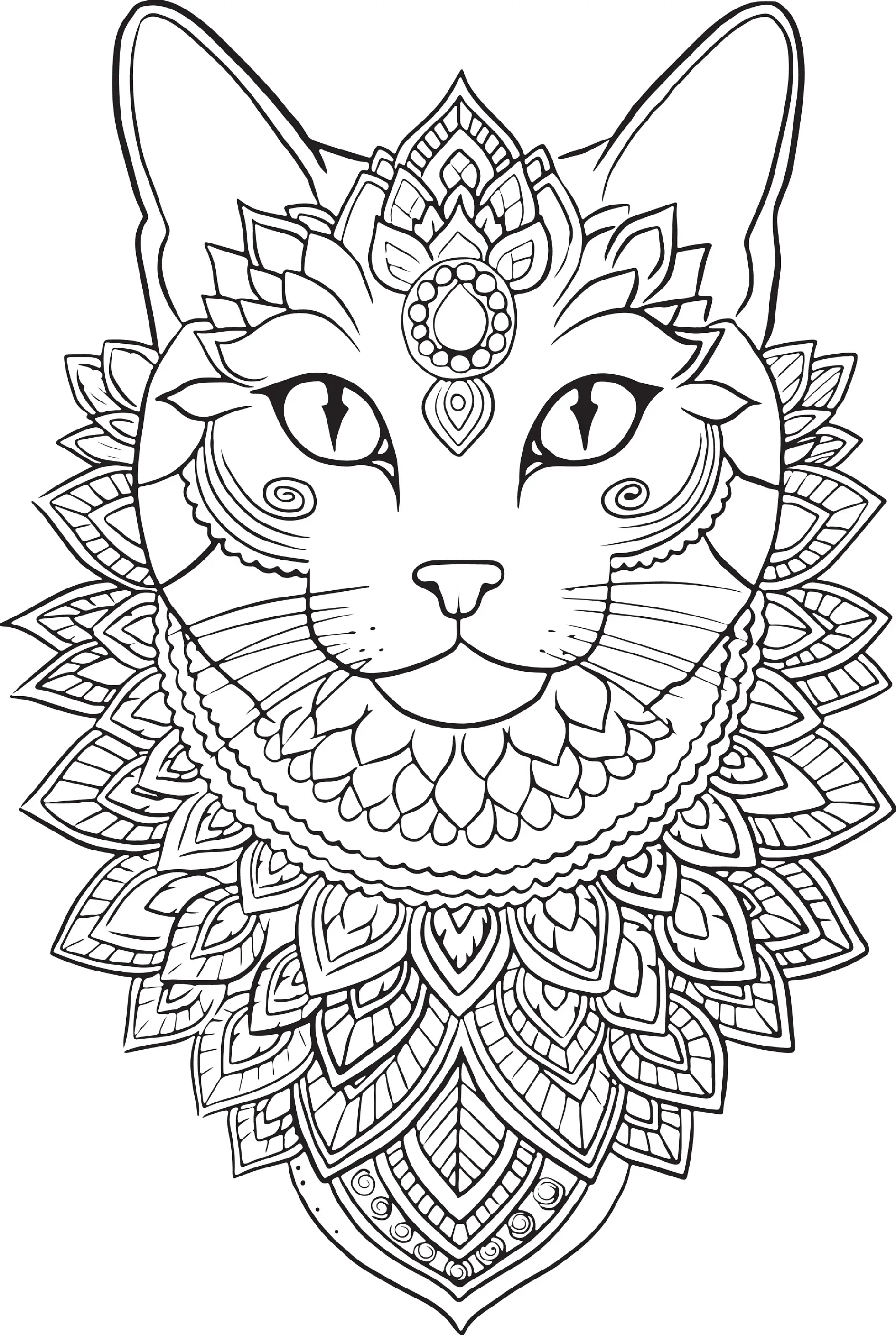 Ausmalbild Mandala mit Katzenkopf und komplexen Ornamenten