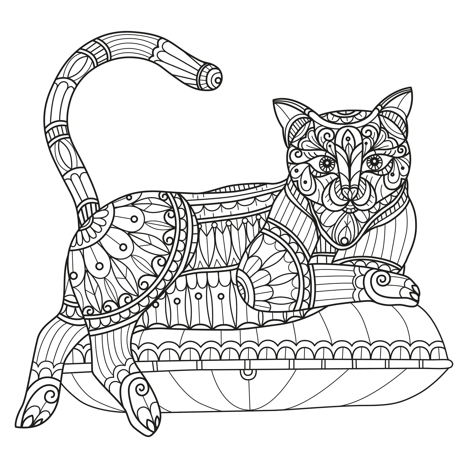 Ausmalbild Mandala mit liegender Katze und detaillierten Mustern