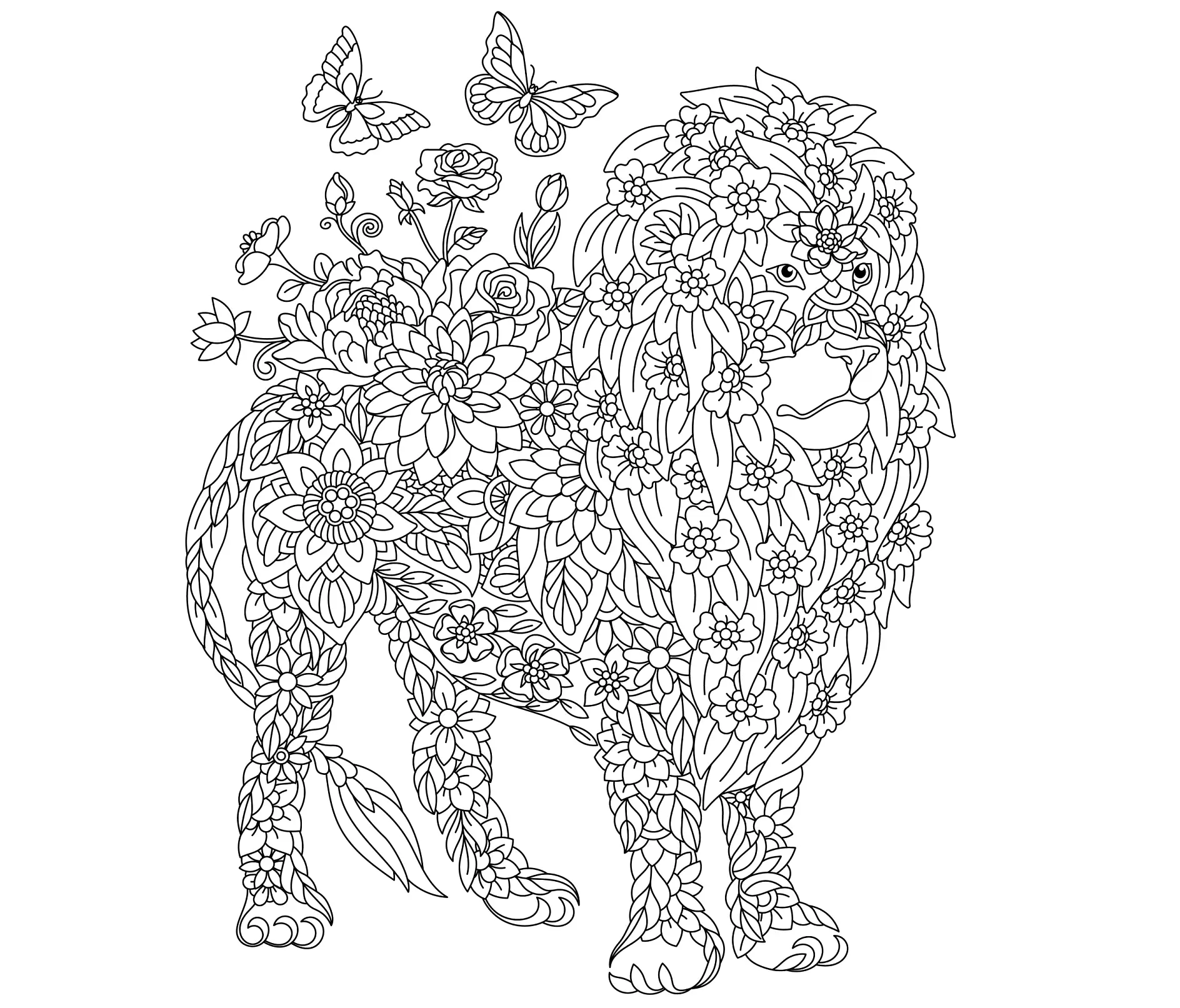 Ausmalbild Mandala mit Löwe aus Blumen und mit Schmetterlingen