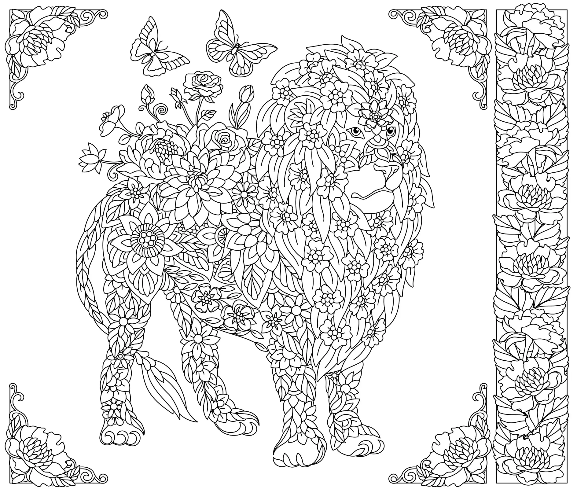 Ausmalbild Mandala mit Löwe und Blumen und Schmetterlingen
