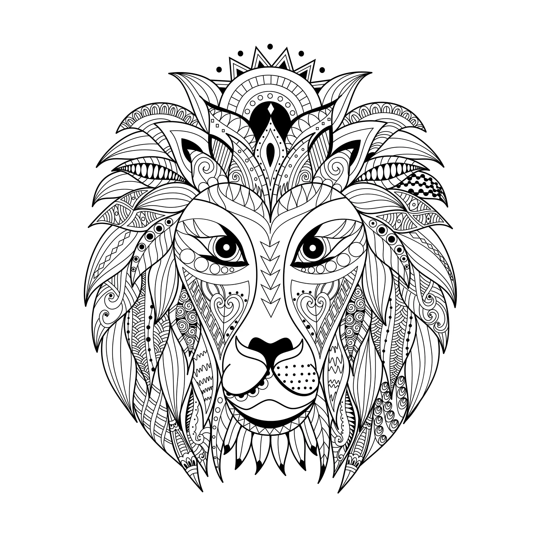 Ausmalbild Mandala mit Löwe und dekorativen und symmetrischen Mustern und Krone