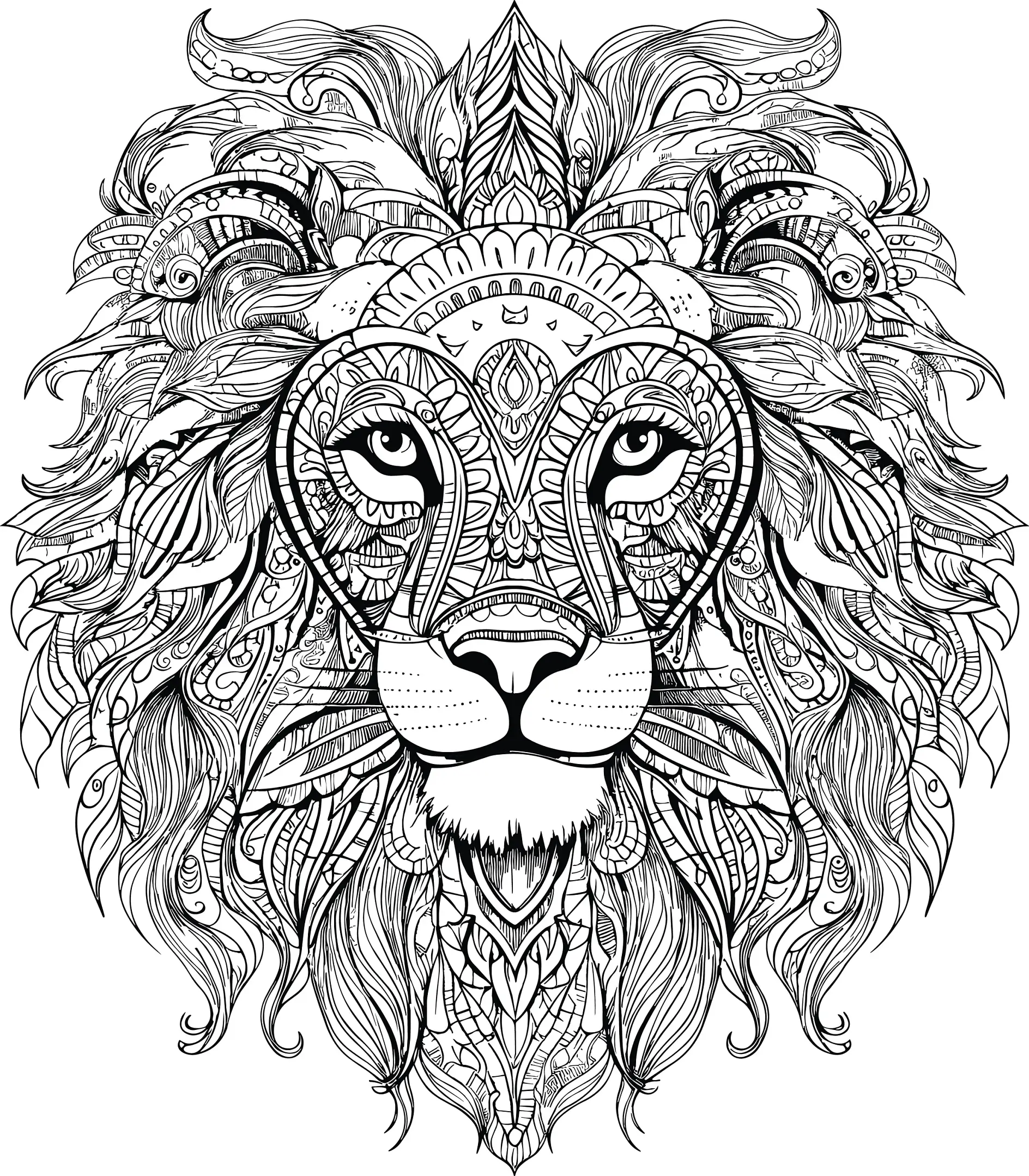 Ausmalbild Mandala mit Löwe und detaillierten und dekorativen Mustern und Linien