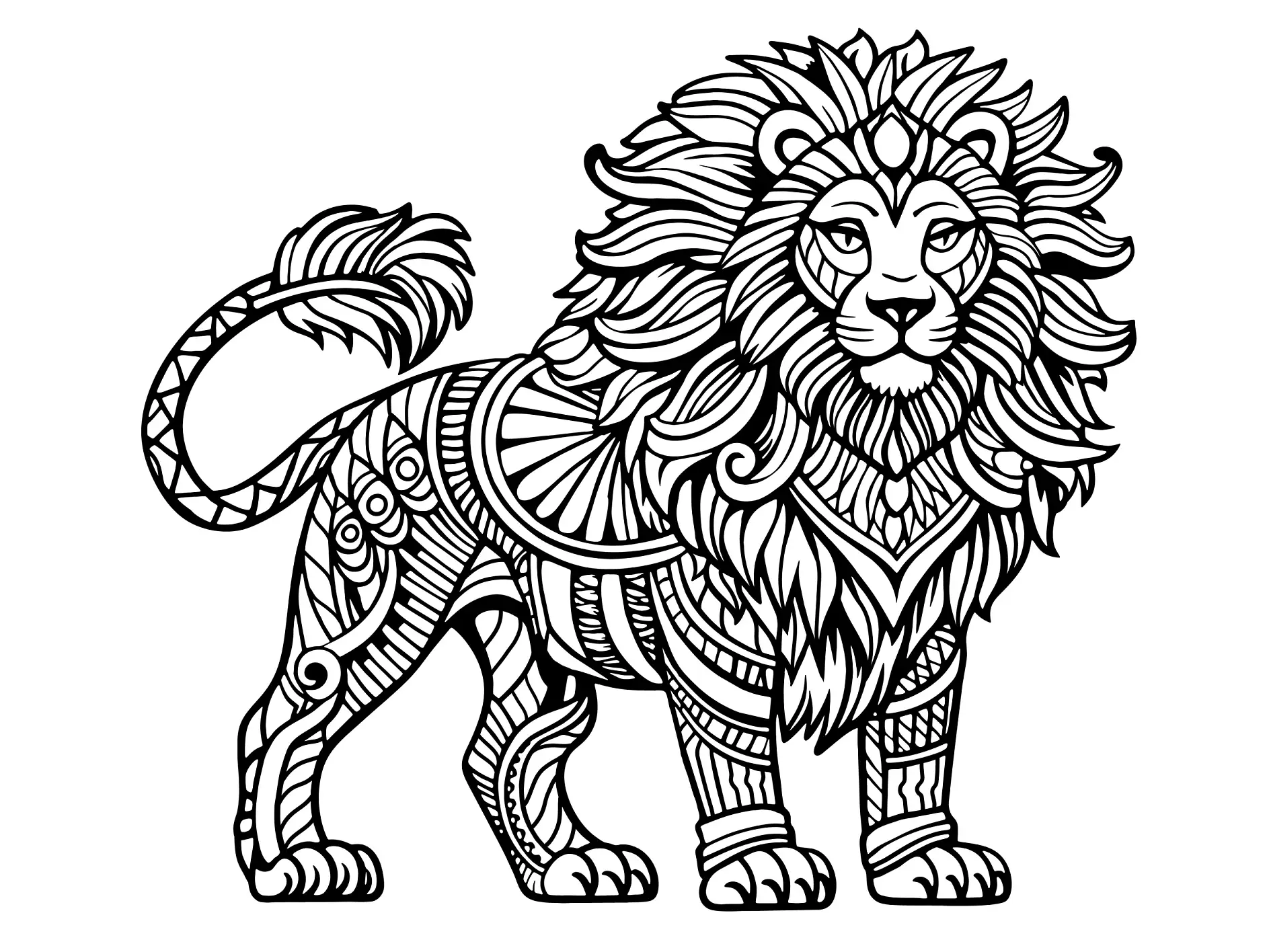 Ausmalbild Mandala mit Löwe und detailreichen Mustern und ornamentalen Verzierungen