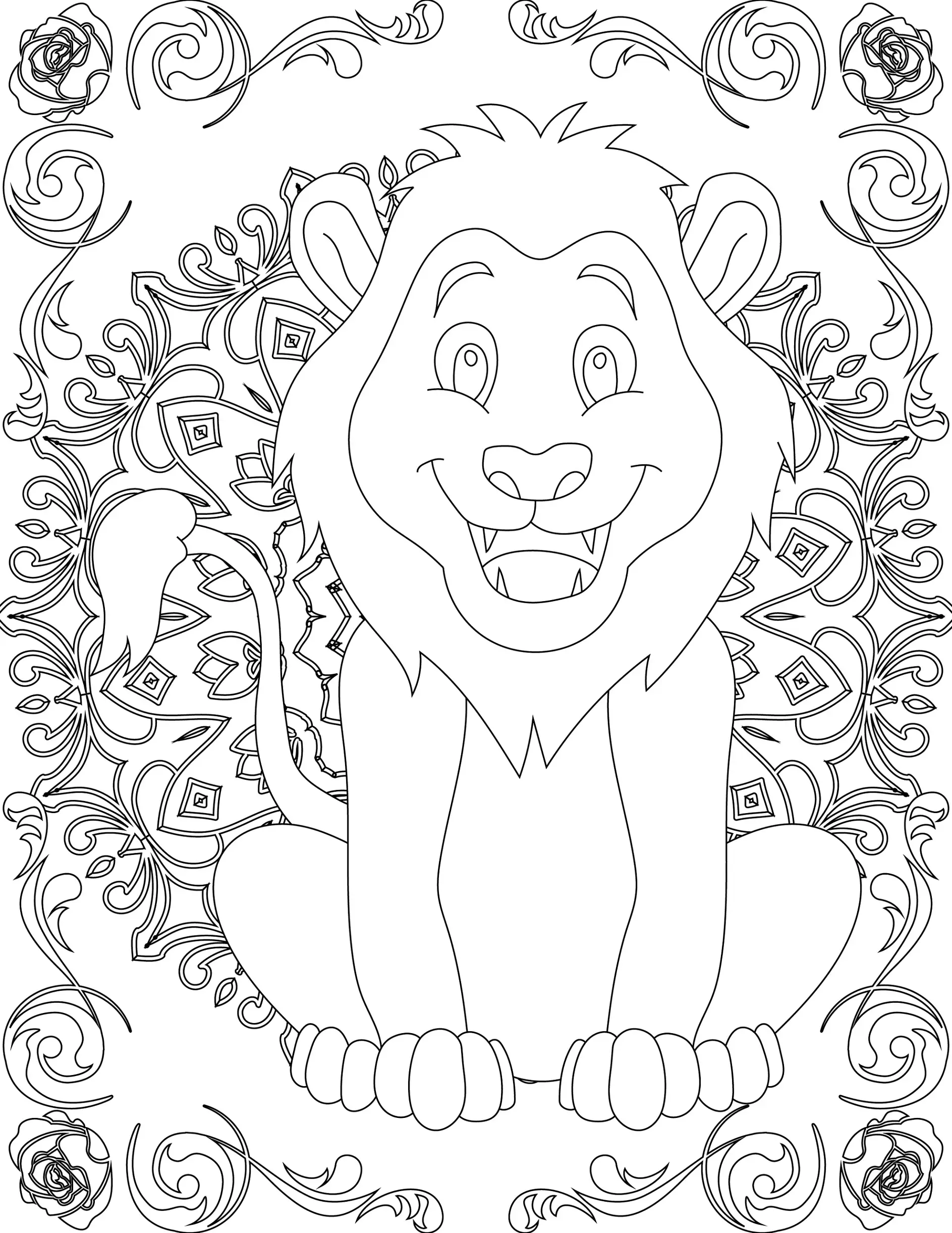Ausmalbild Mandala mit Löwe und floralen Mustern und Details