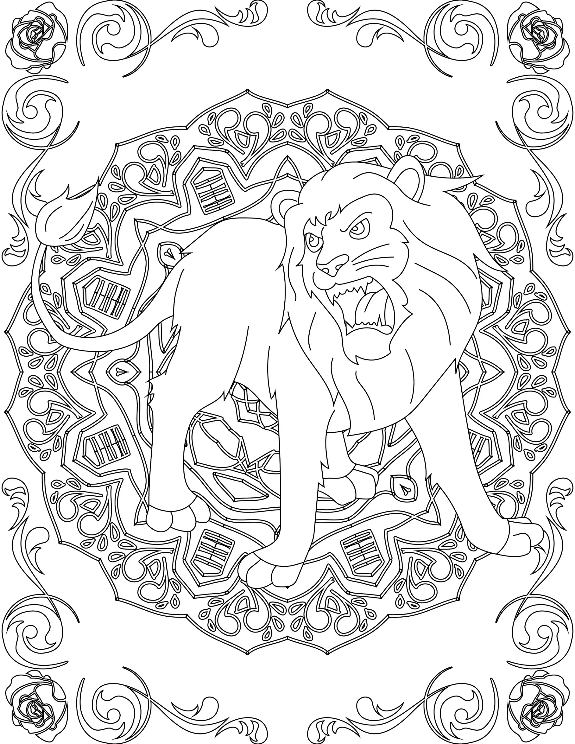 Ausmalbild Mandala mit Löwe und geometrischen Mustern und Blumenornamenten