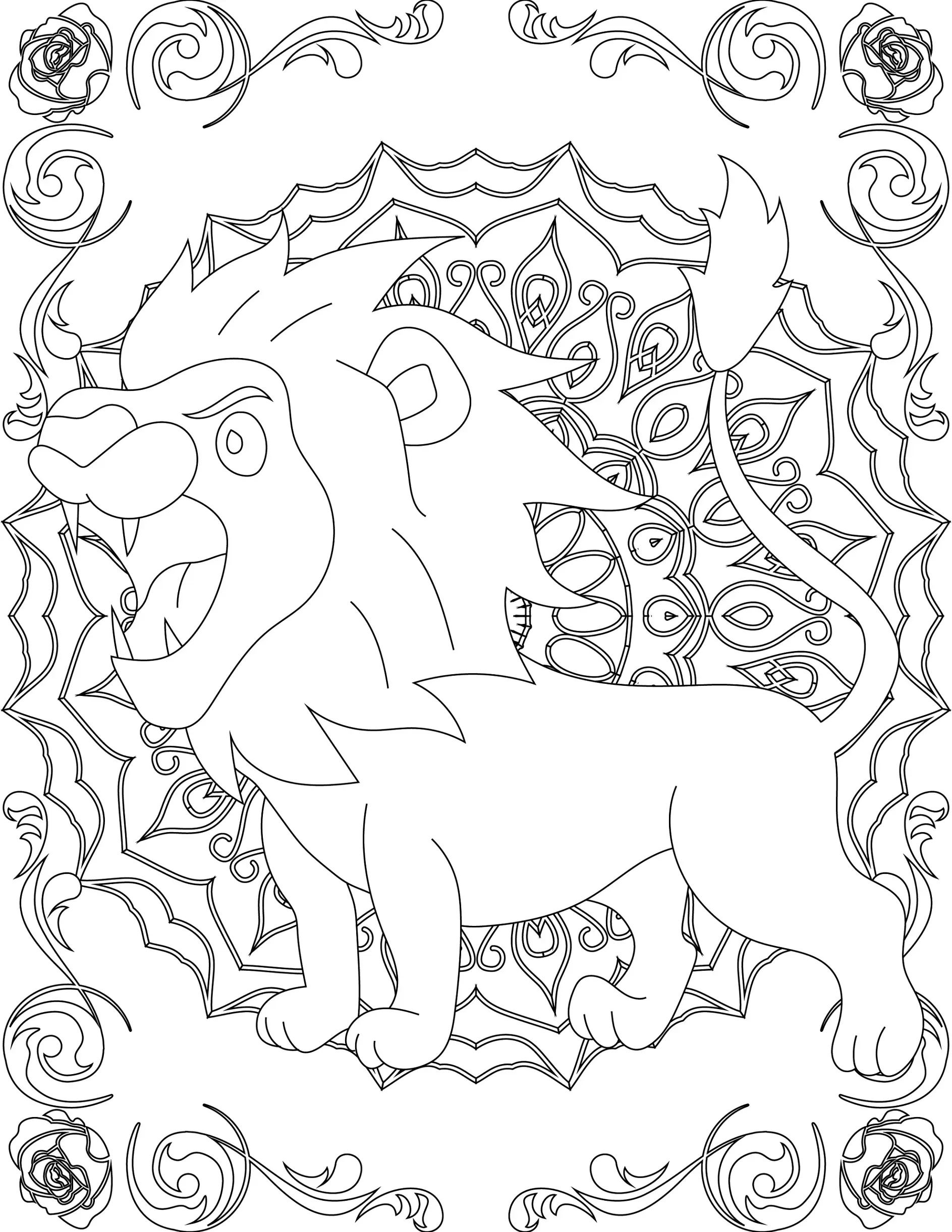 Ausmalbild Mandala mit Löwe und geometrischen Mustern und floralen Rahmenornamenten