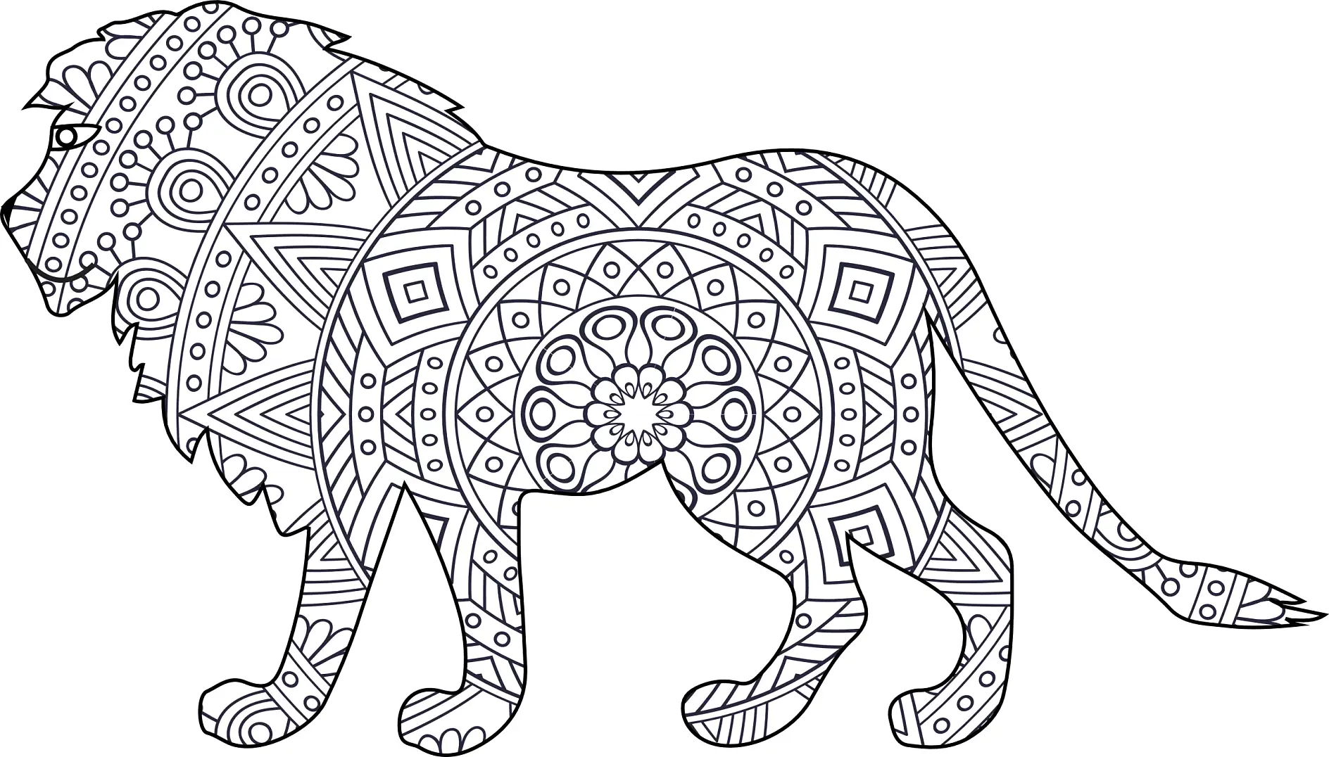 Ausmalbild Mandala mit Löwe und komplexen geometrischen Mustern