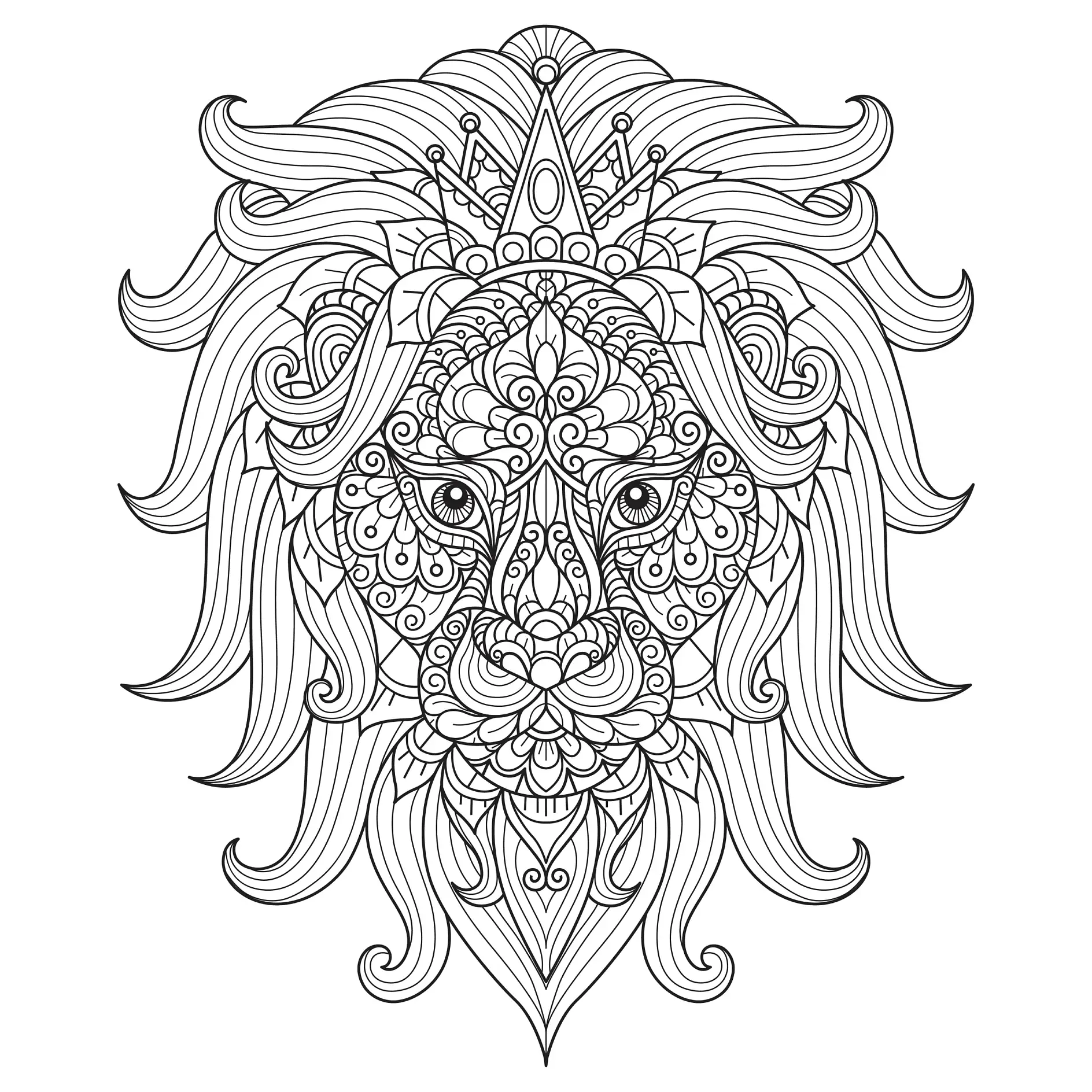 Ausmalbild Mandala mit Löwe und Krone mit dekorativen Mustern und Details