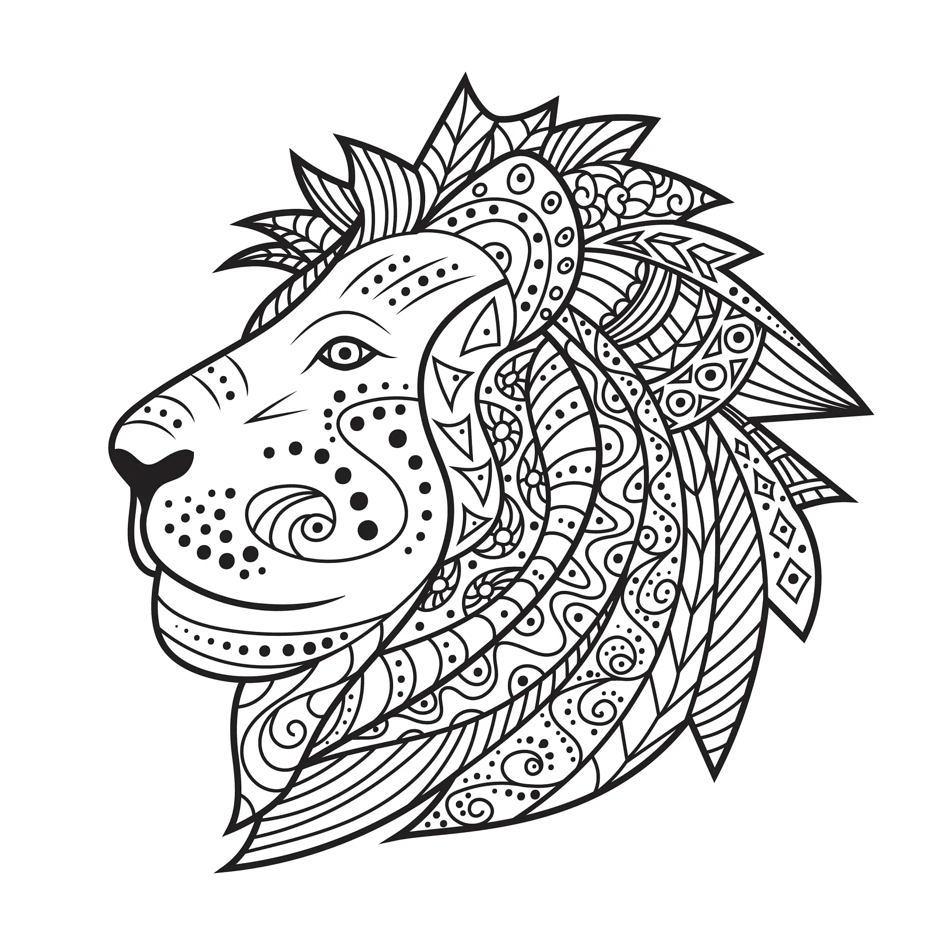 Ausmalbild Mandala mit Löwenkopf im Profil und abstrakten Mustern