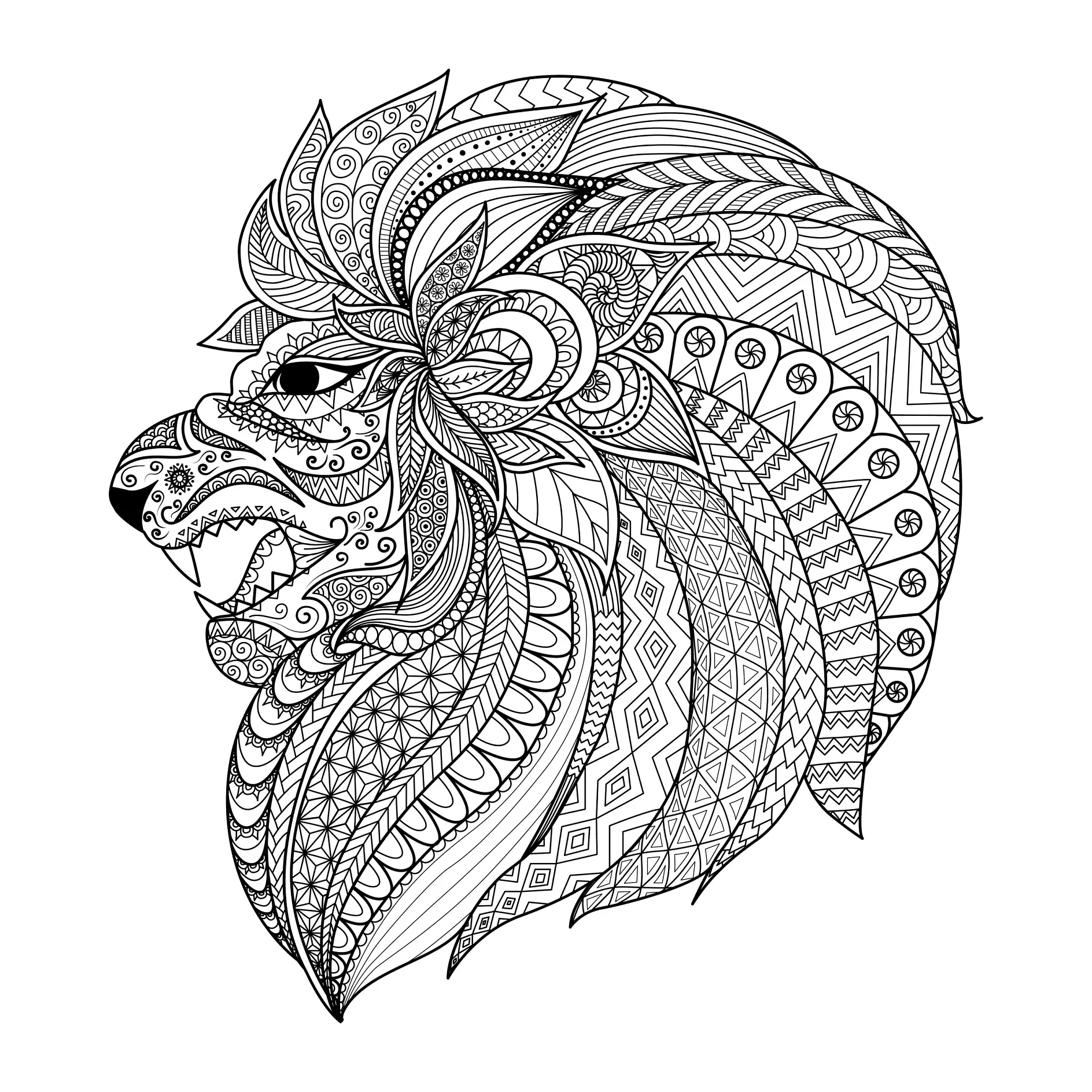 Ausmalbild Mandala mit Löwenkopf im Profil und komplexen Mustern