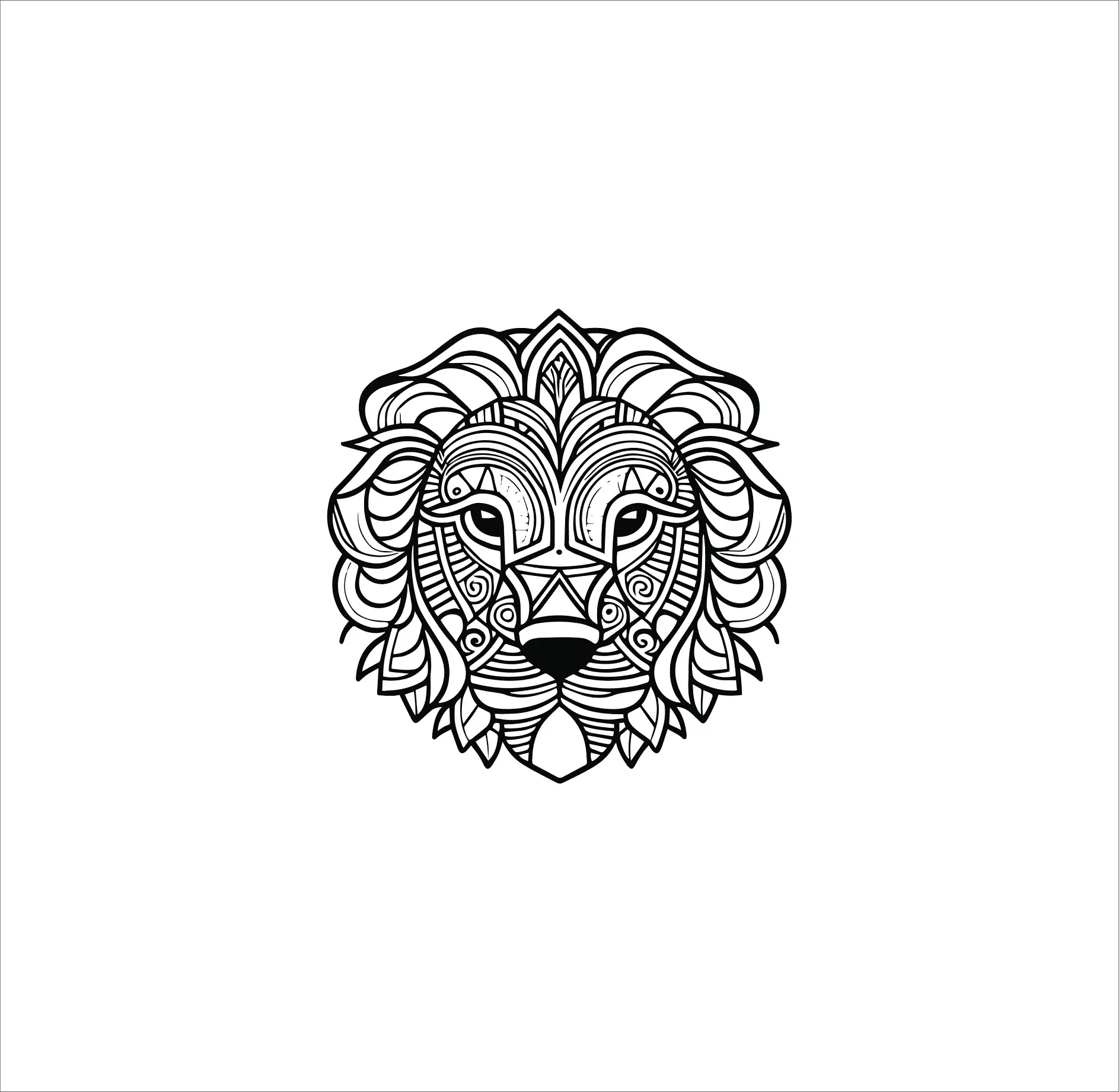 Ausmalbild Mandala mit Löwenkopf und dekorativen und symmetrischen Mustern