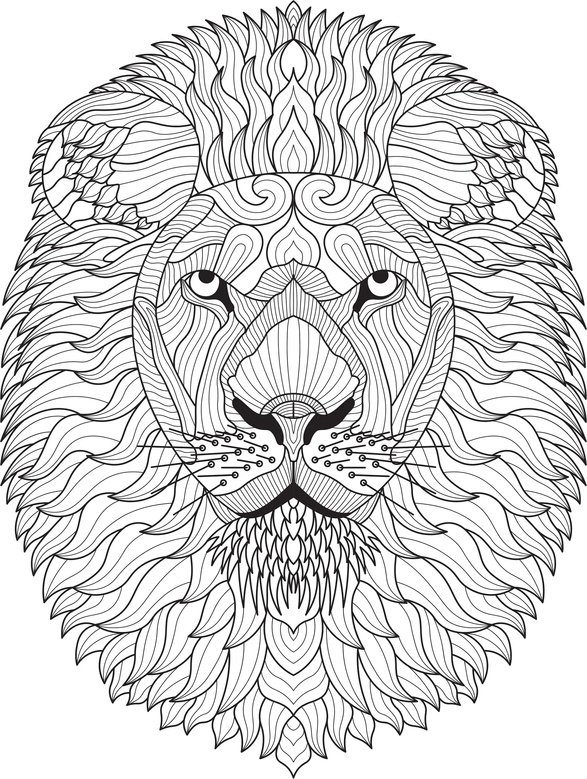 Ausmalbild Mandala mit Löwenkopf und fließenden und wellenförmigen Mustern und Linien