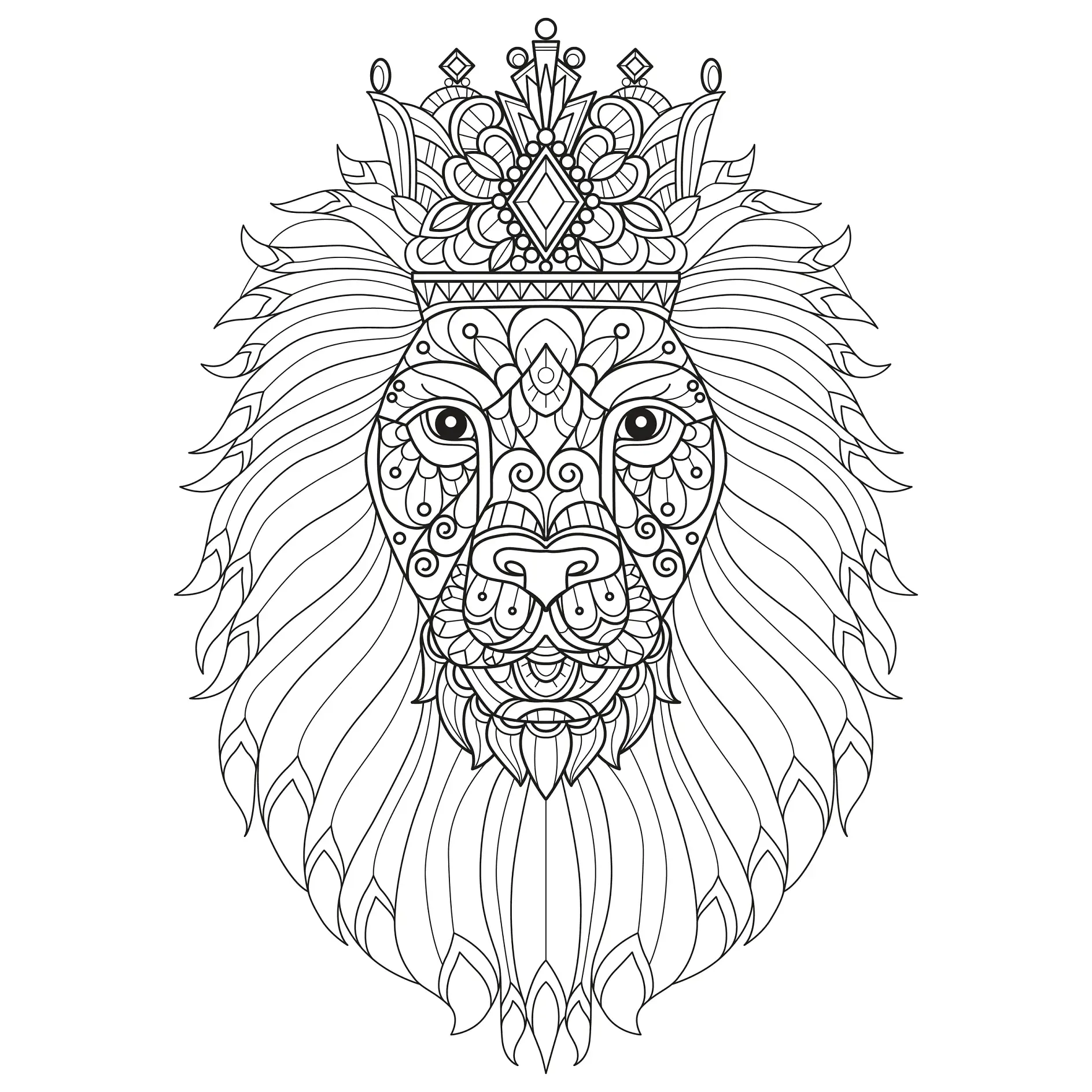 Ausmalbild Mandala mit Löwenkopf und Krone mit detailreichen und symmetrischen Mustern