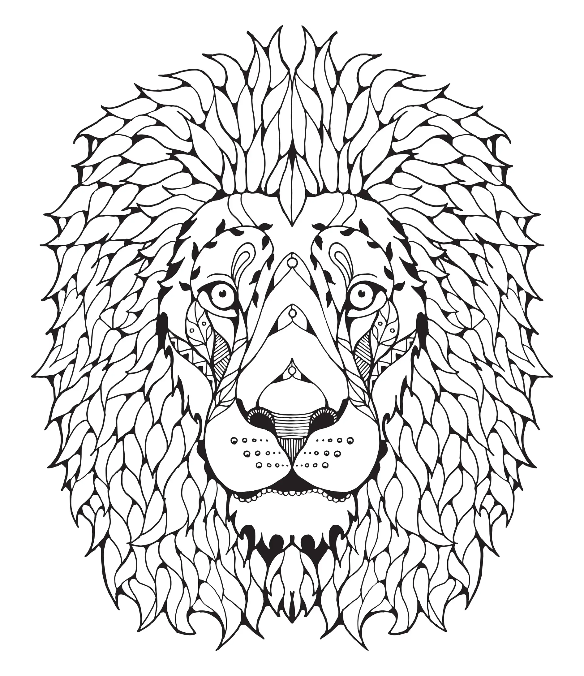 Ausmalbild Mandala mit Löwenkopf und stilisierten Mustern