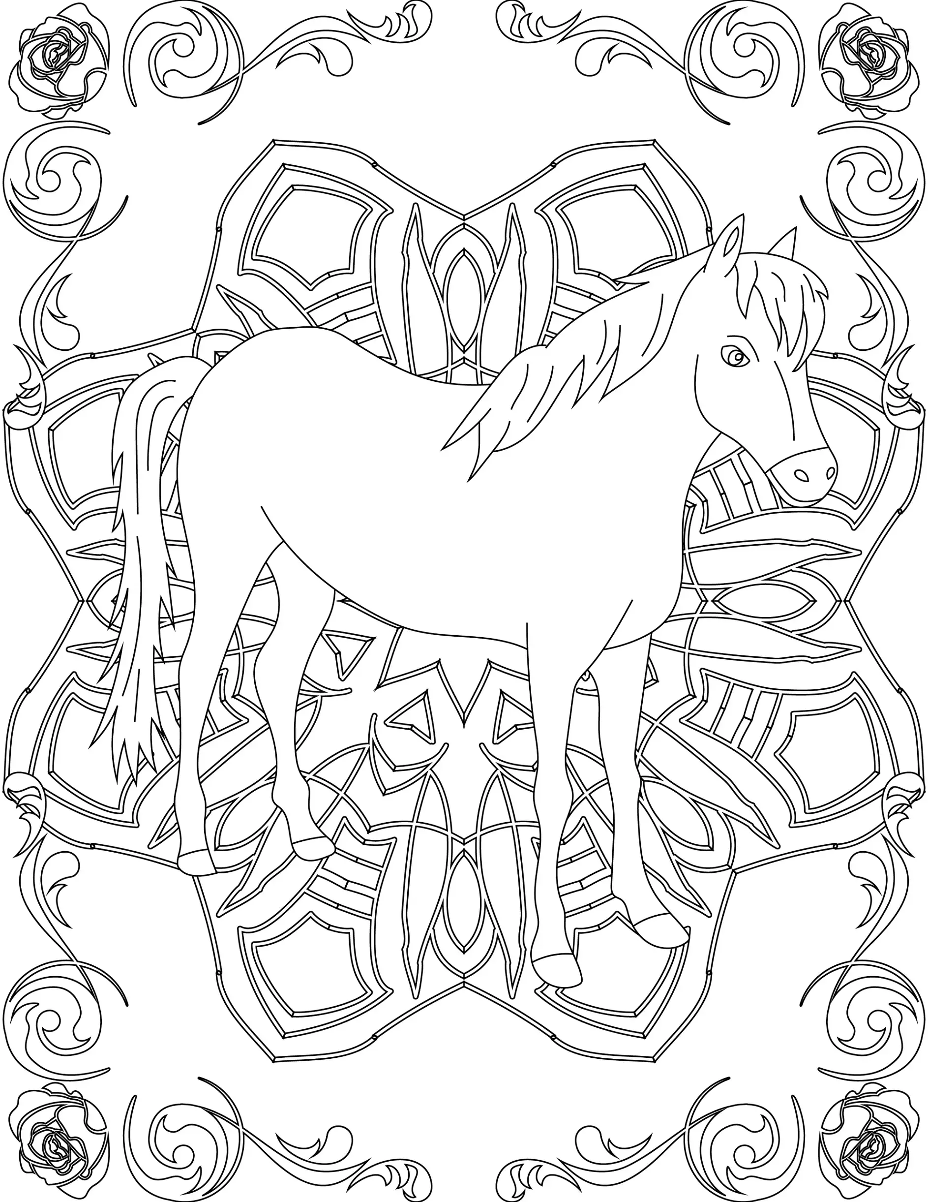 Ausmalbild Mandala mit Pferd und Blumenmustern